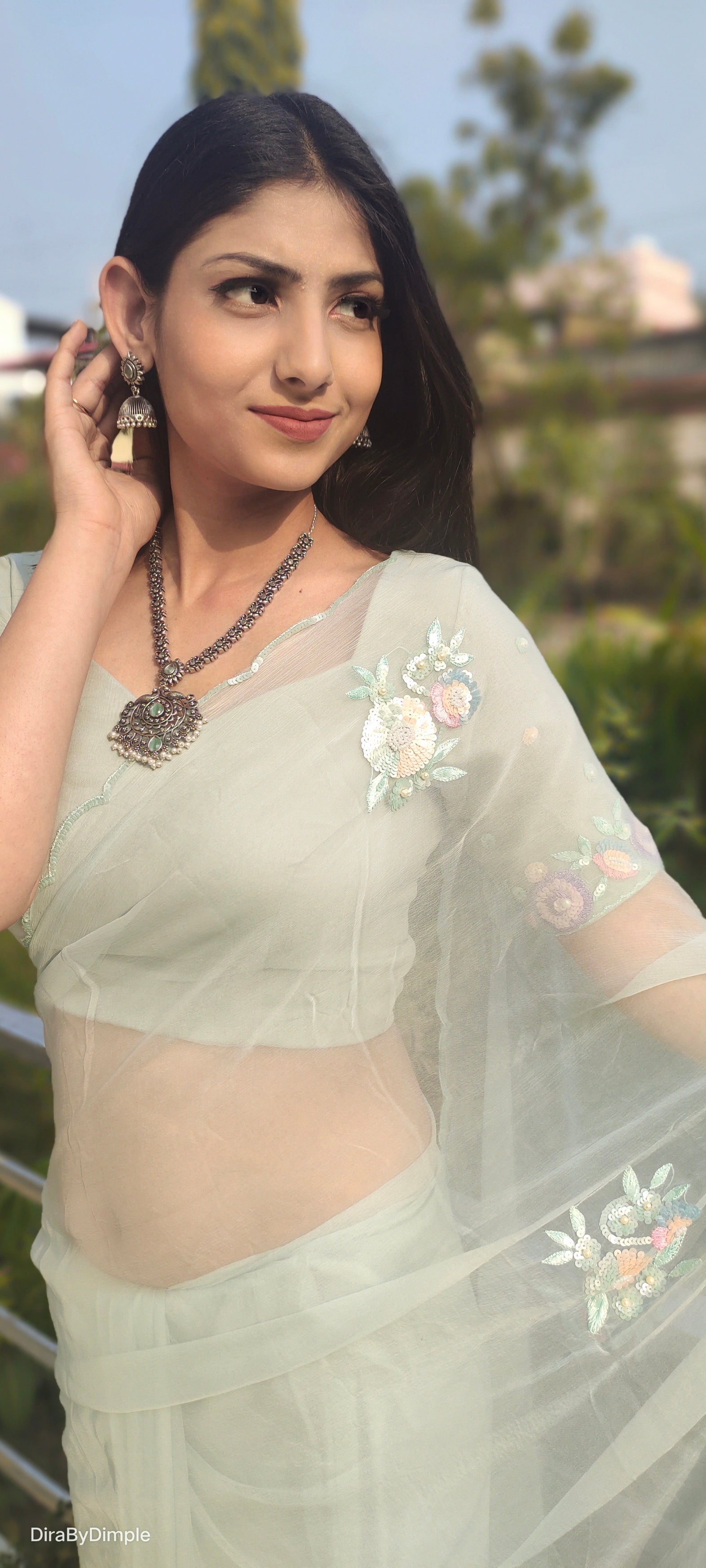Stunning Green Pastel Chiffon Saree Sequin Buttis Floral
