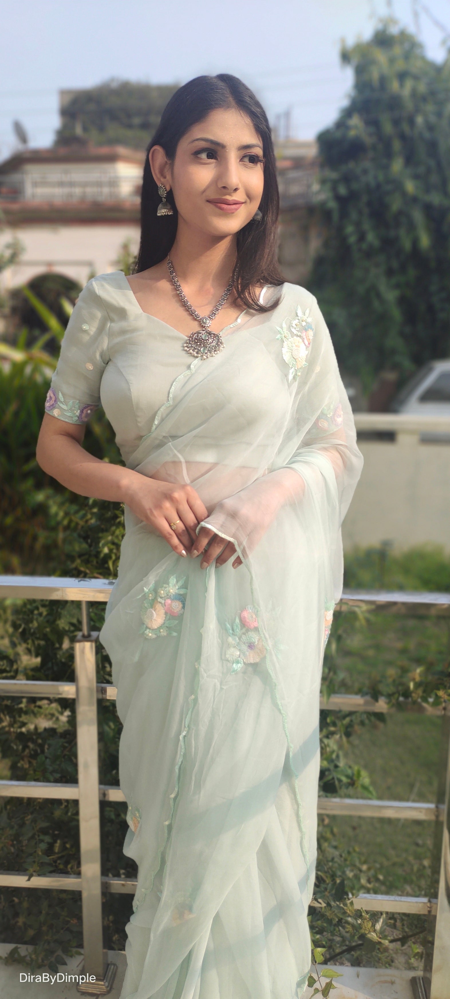 Stunning Green Pastel Chiffon Saree Sequin Buttis Floral