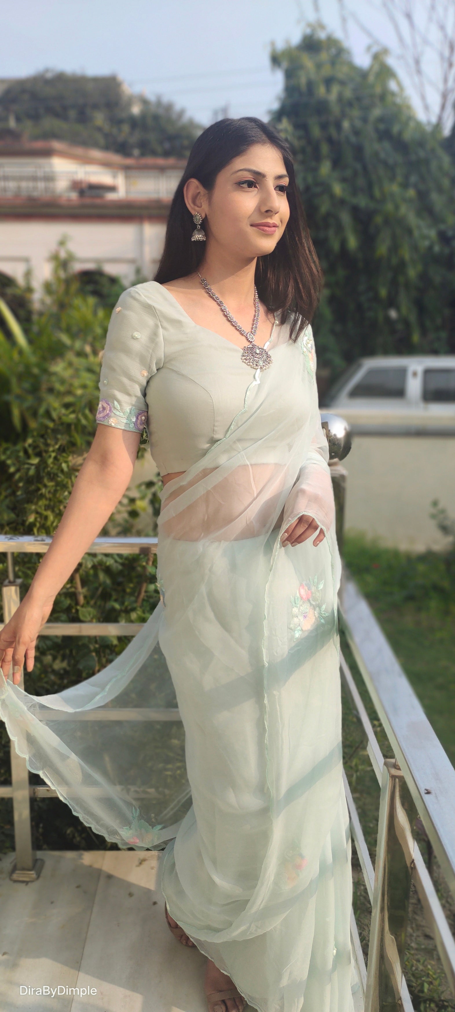 Stunning Green Pastel Chiffon Saree Sequin Buttis Floral