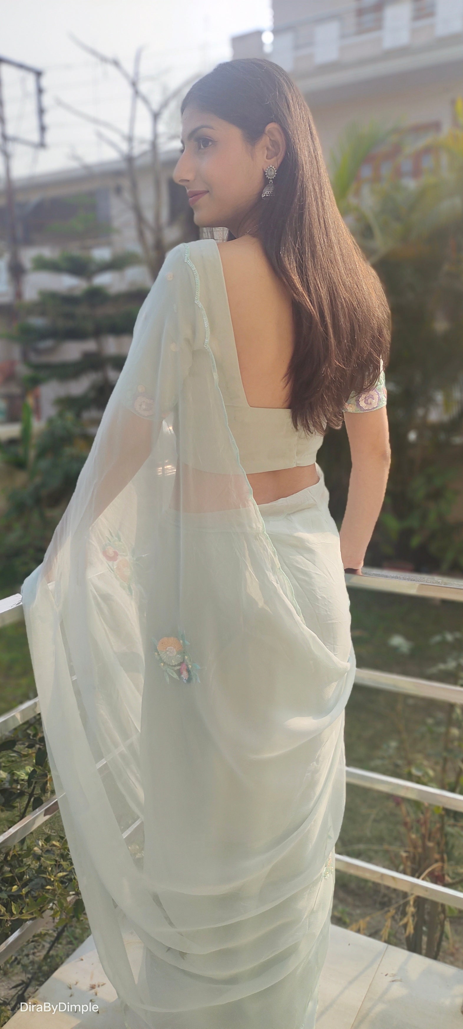 Stunning Green Pastel Chiffon Saree Sequin Buttis Floral