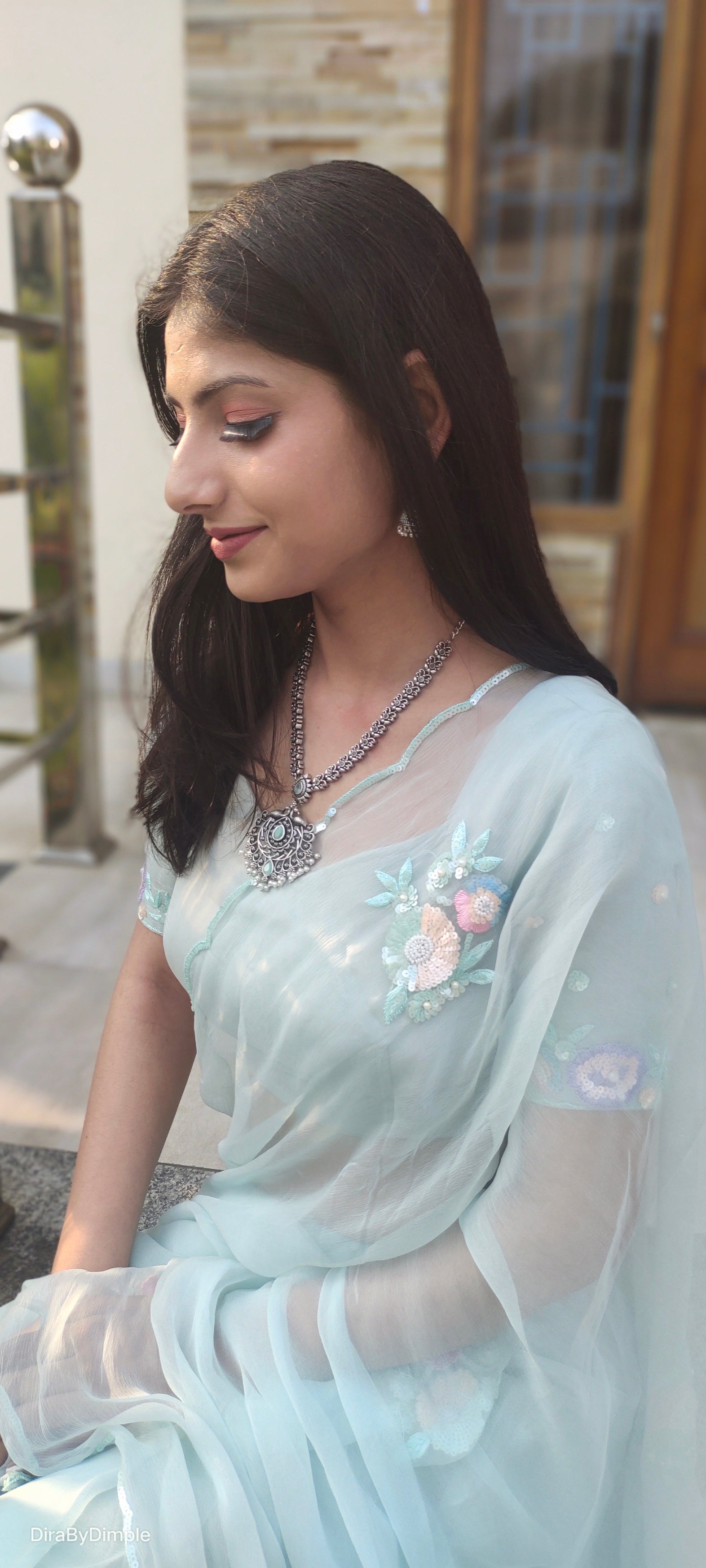 Stunning Green Pastel Chiffon Saree Sequin Buttis Floral