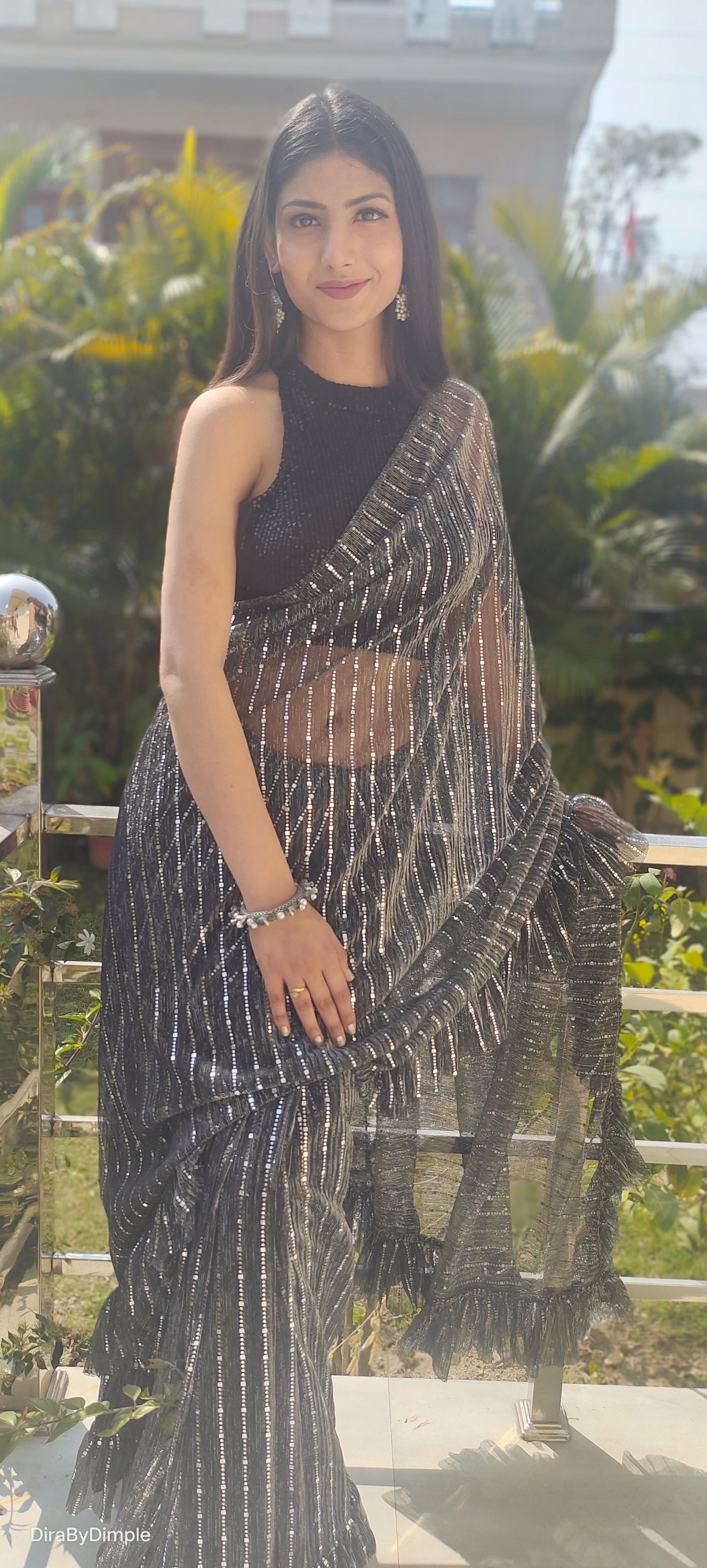 Dazzling Black Lycra Ruffled Saree Blingy Geometric