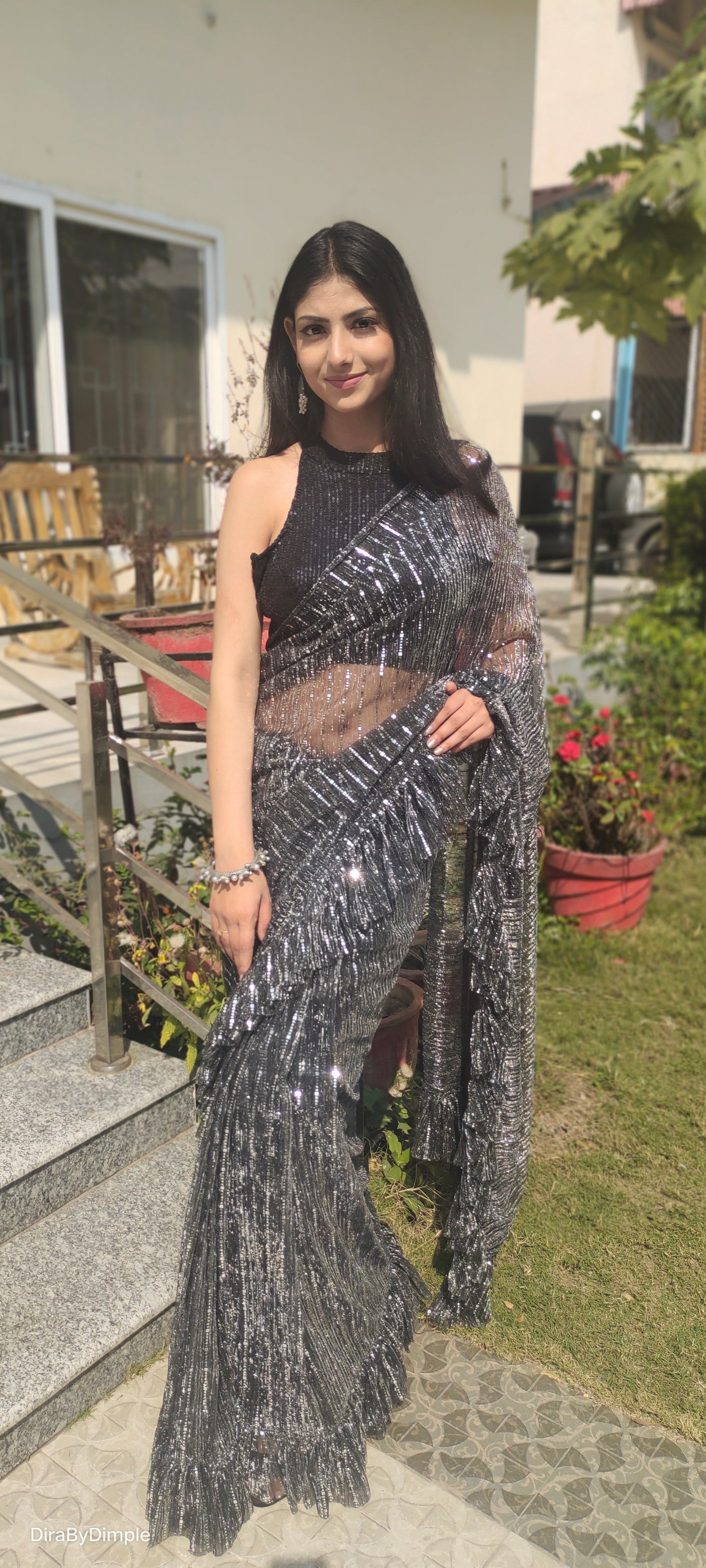 Dazzling Black Lycra Ruffled Saree Blingy Geometric