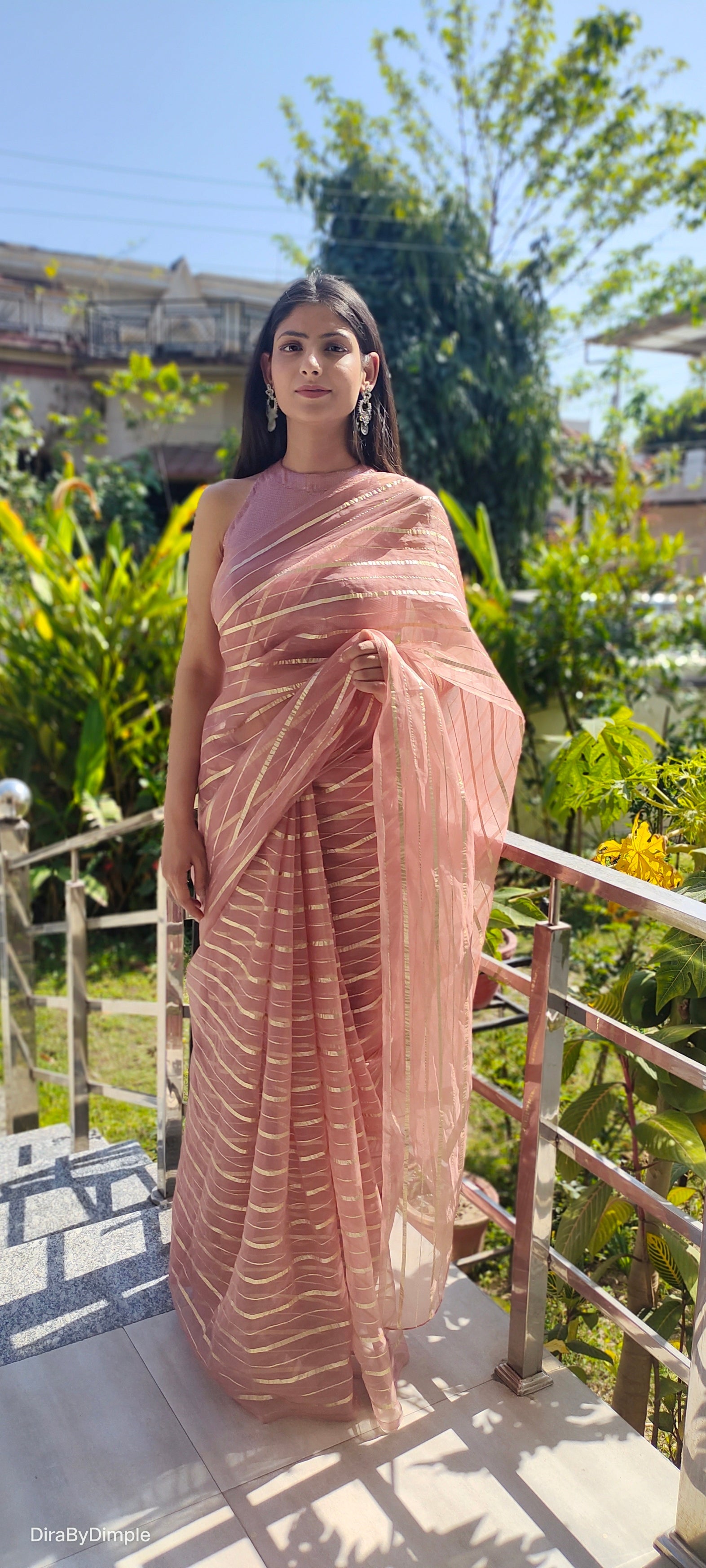 Luxurious Rose Gold Organza Saree Zari Stripes Geometric
