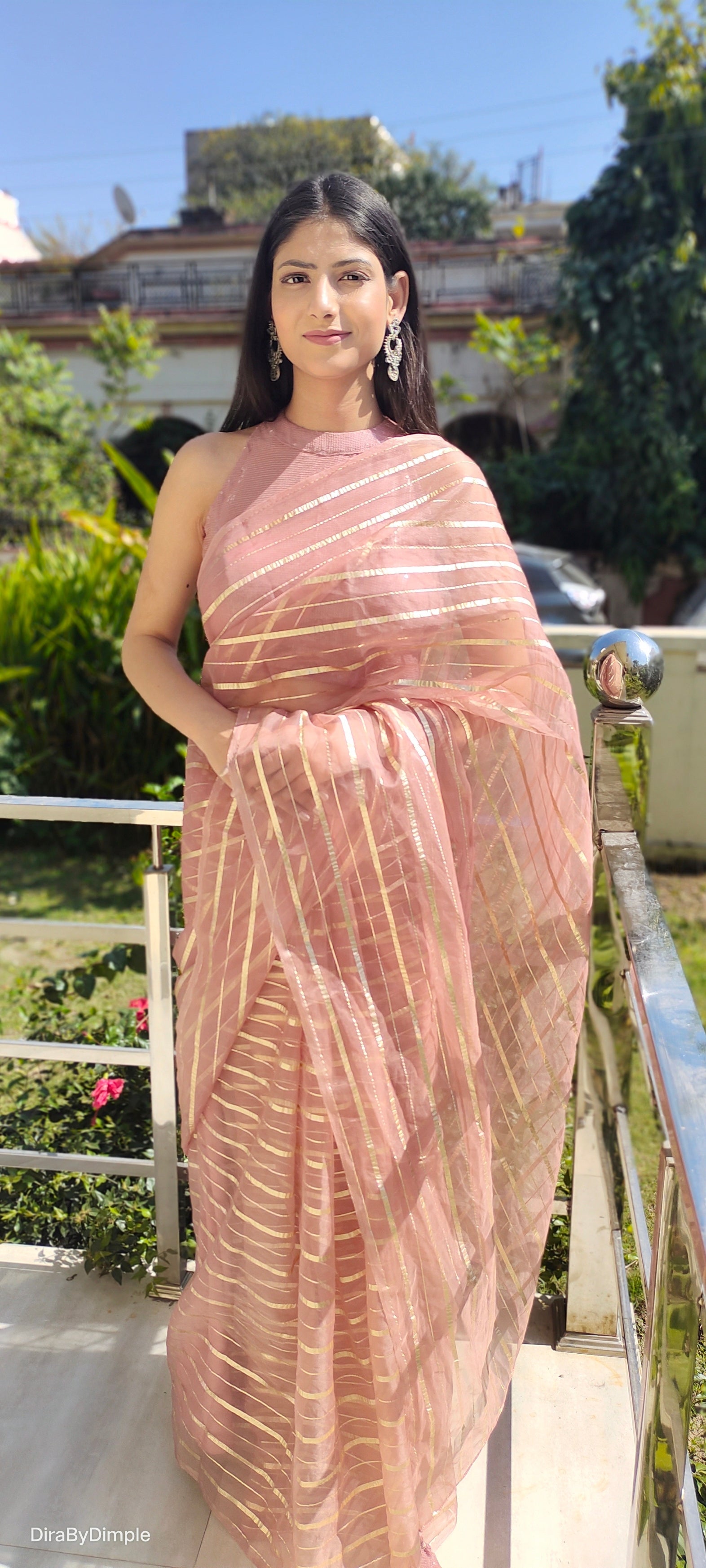Luxurious Rose Gold Organza Saree Zari Stripes Geometric