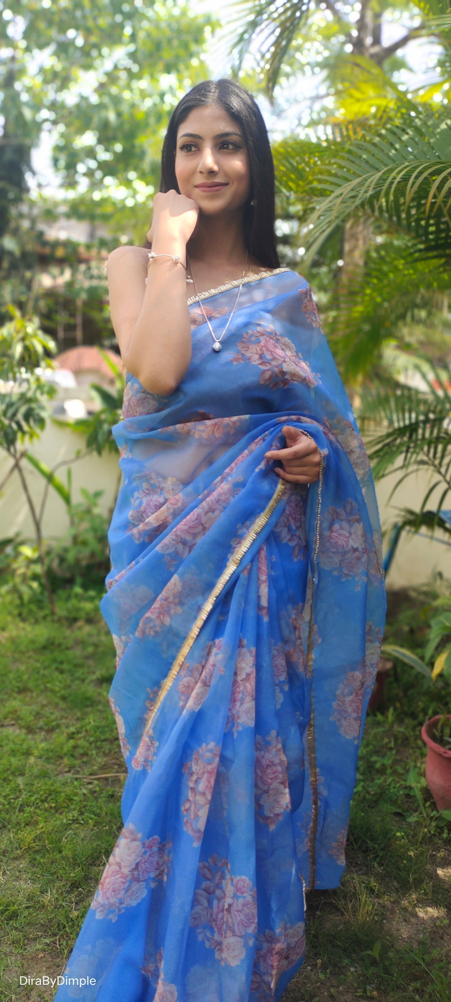 Cool Blue Printed Organza Saree Floral