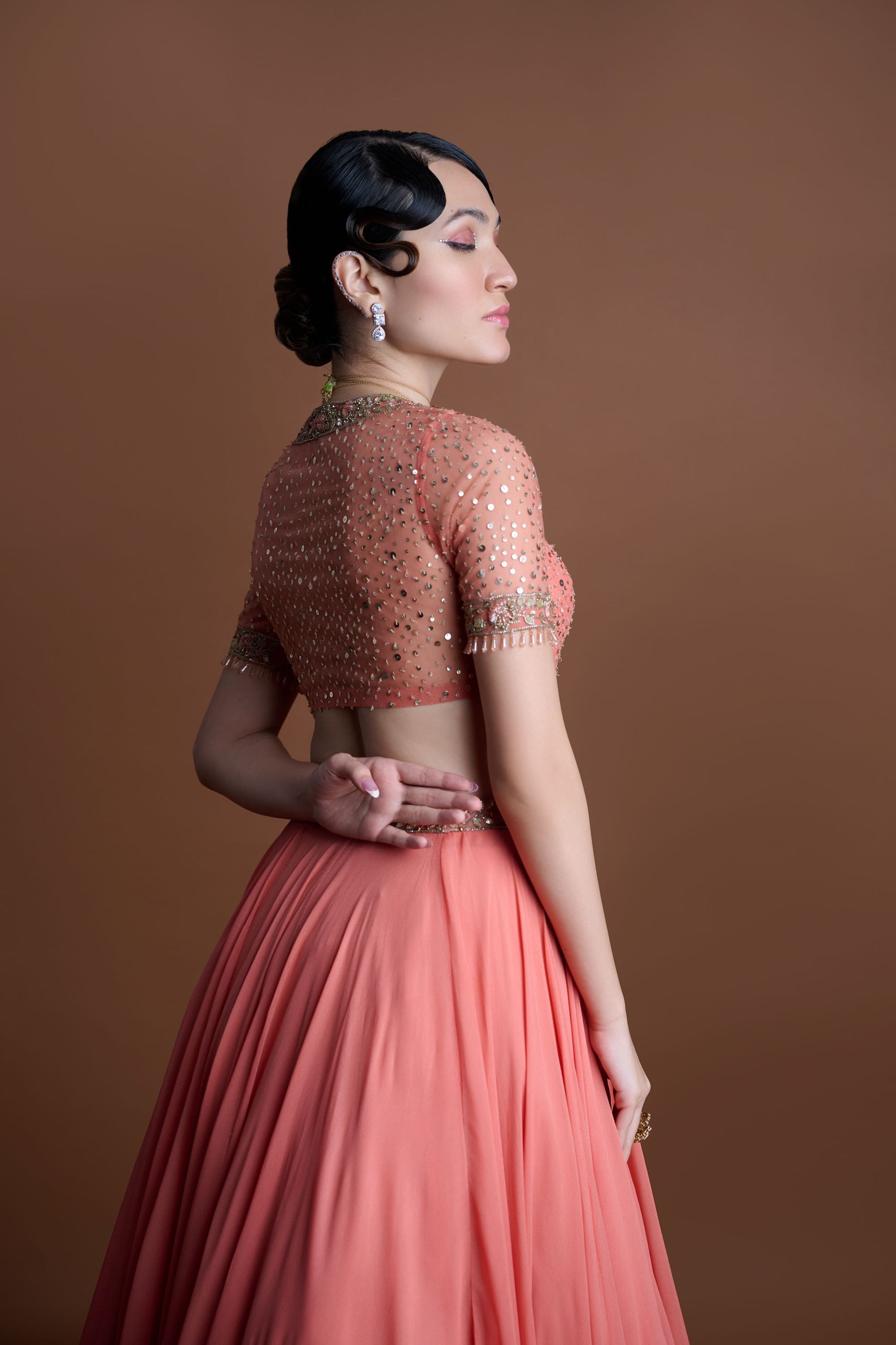 Elegant Rust Orange Georgette Apricot Affair Lehenga Organza Dupatta