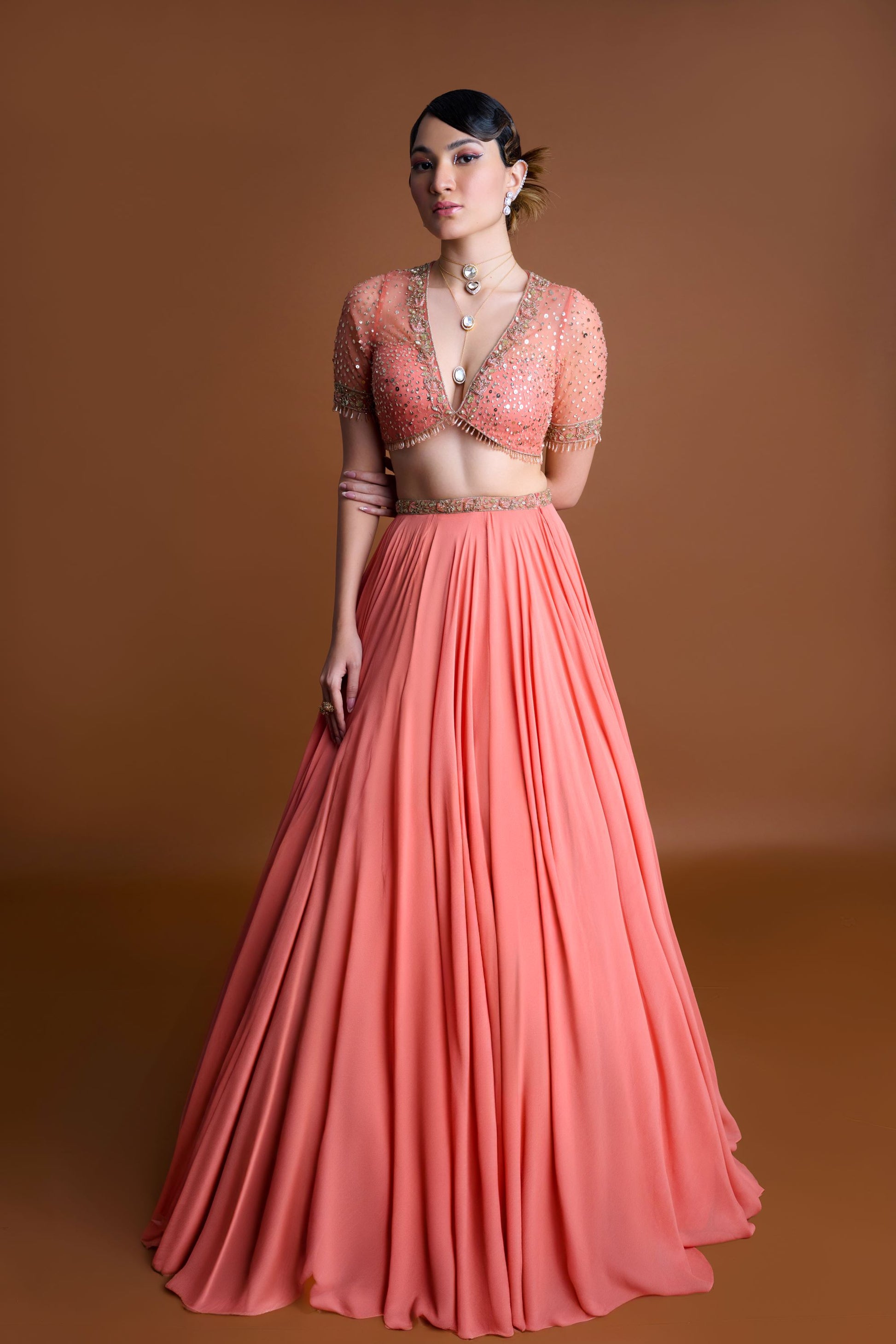 Elegant Rust Orange Georgette Apricot Affair Lehenga Organza Dupatta