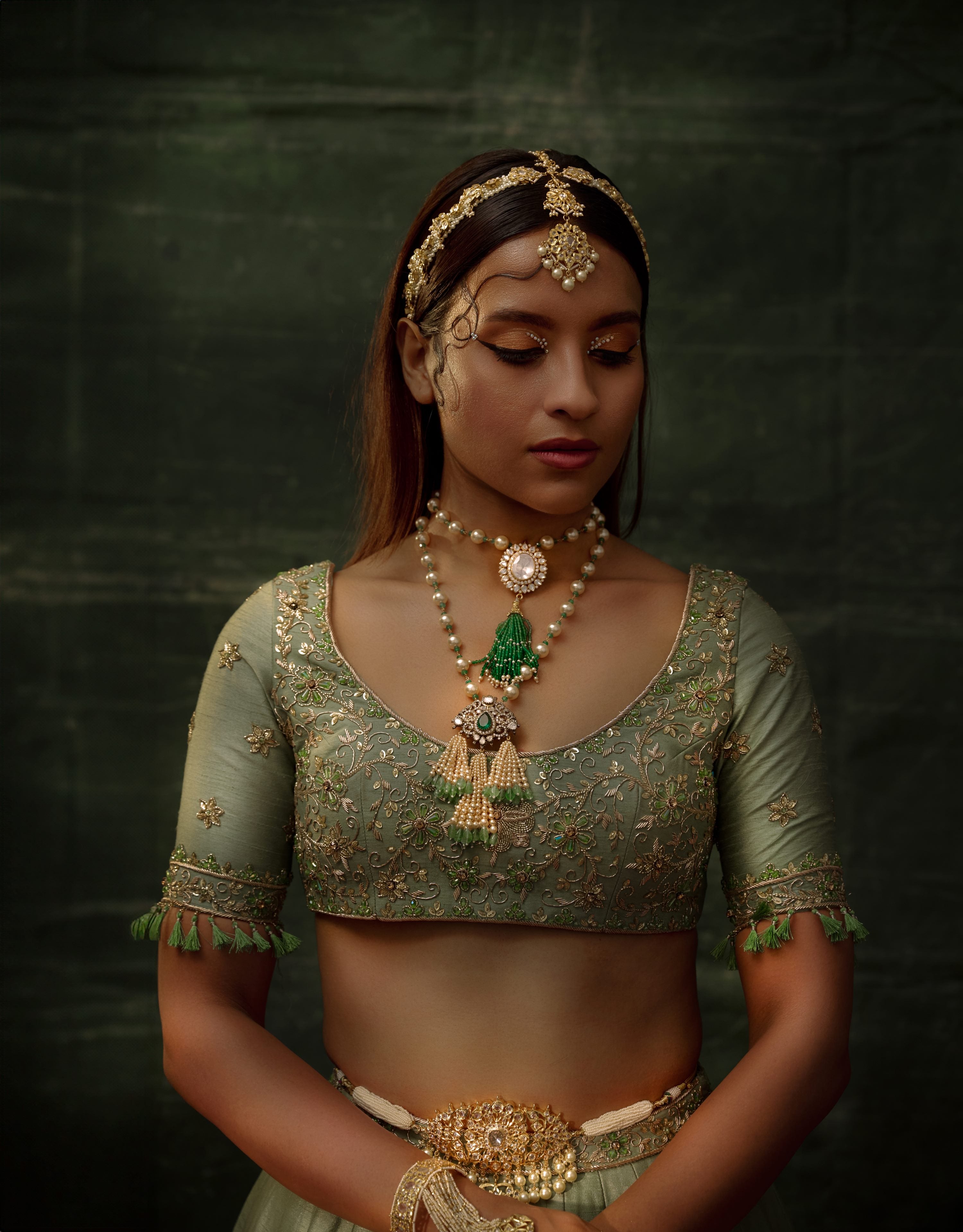 Elegant Sage Green Dupian Silk Gilded Lehenga Gold Thread Embroidery