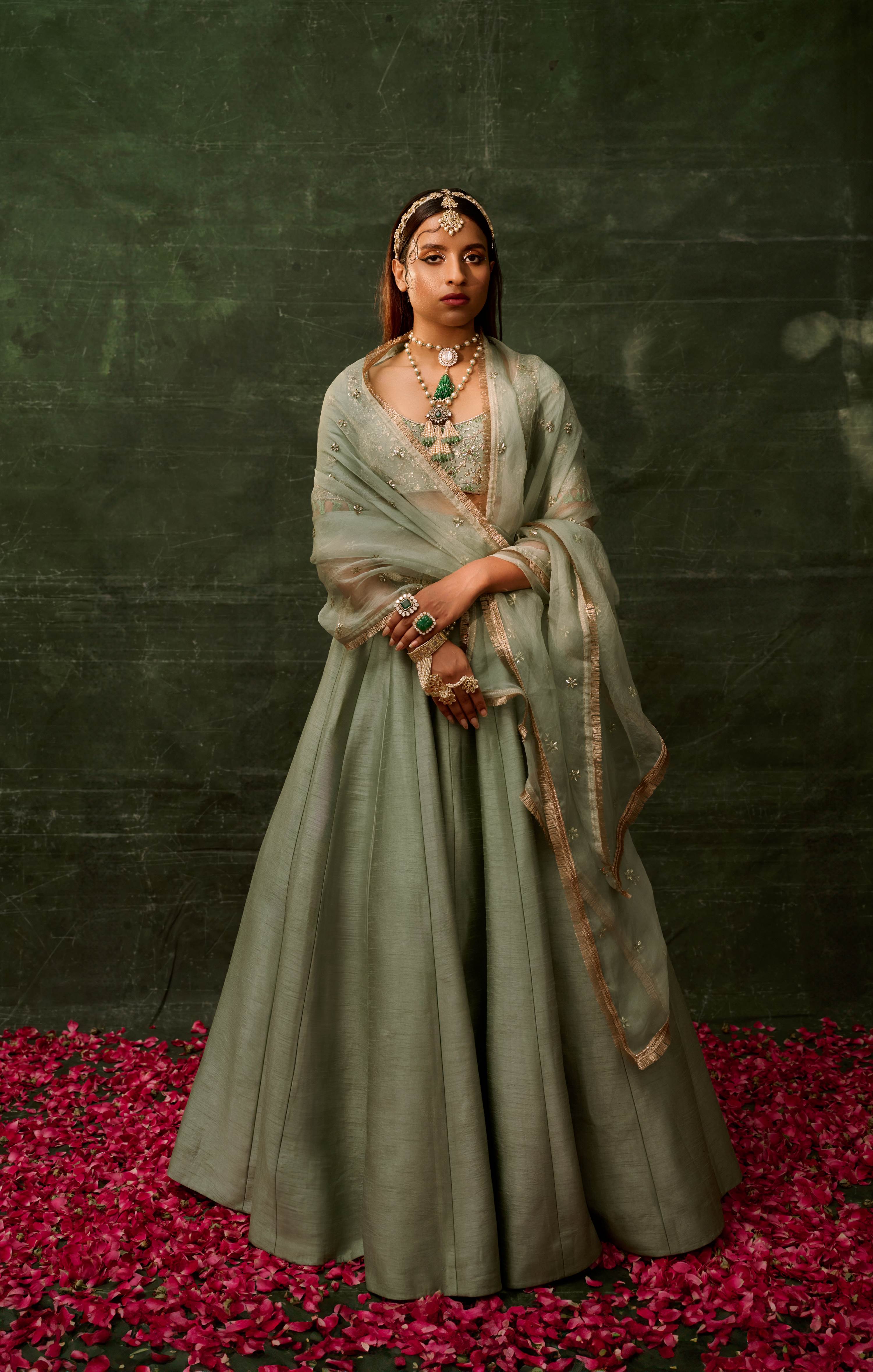 Elegant Sage Green Dupian Silk Gilded Lehenga Gold Thread Embroidery