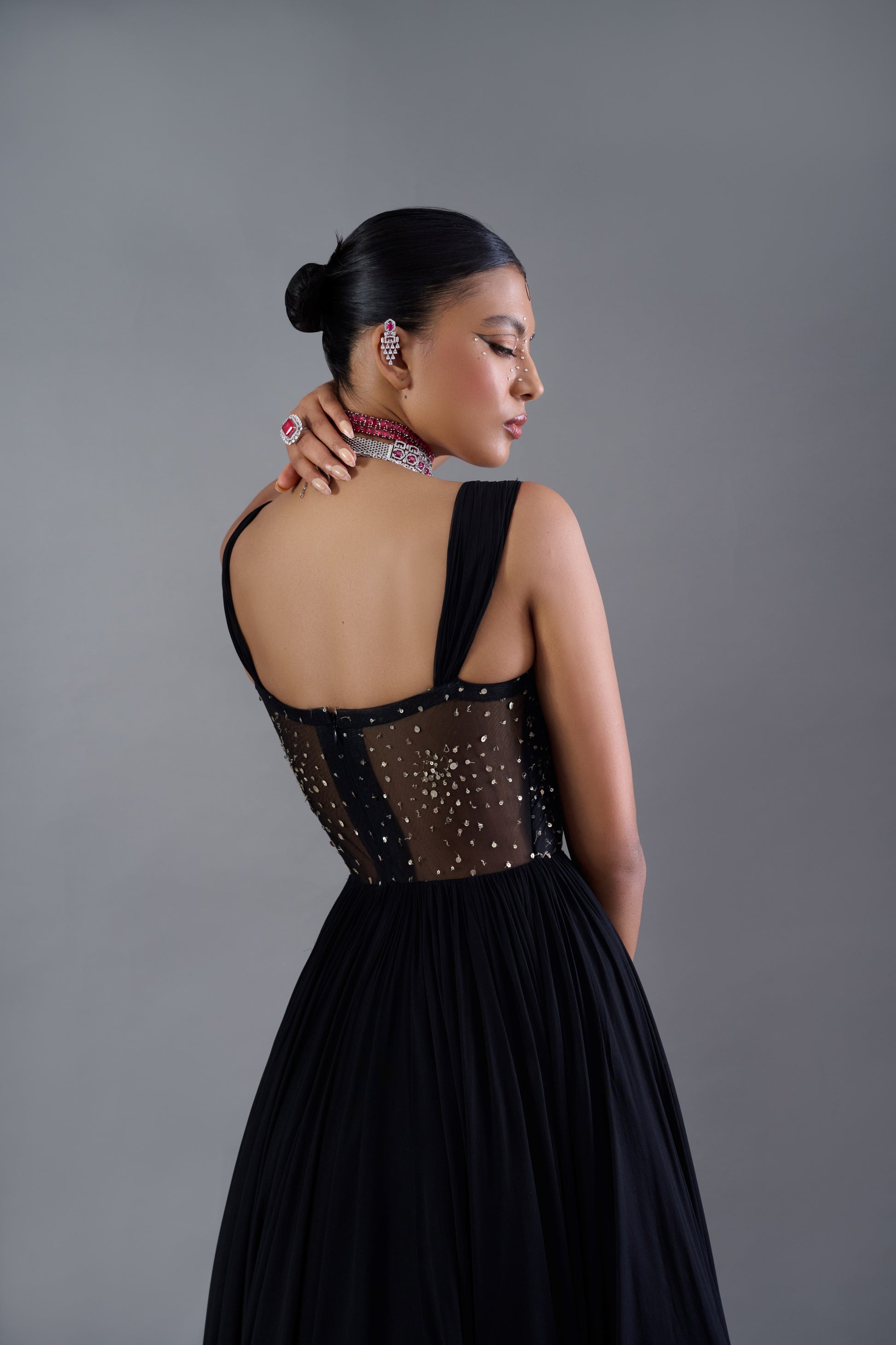 Alluring Black Georgette Golden Eclipse Anarkali Gown Speckles