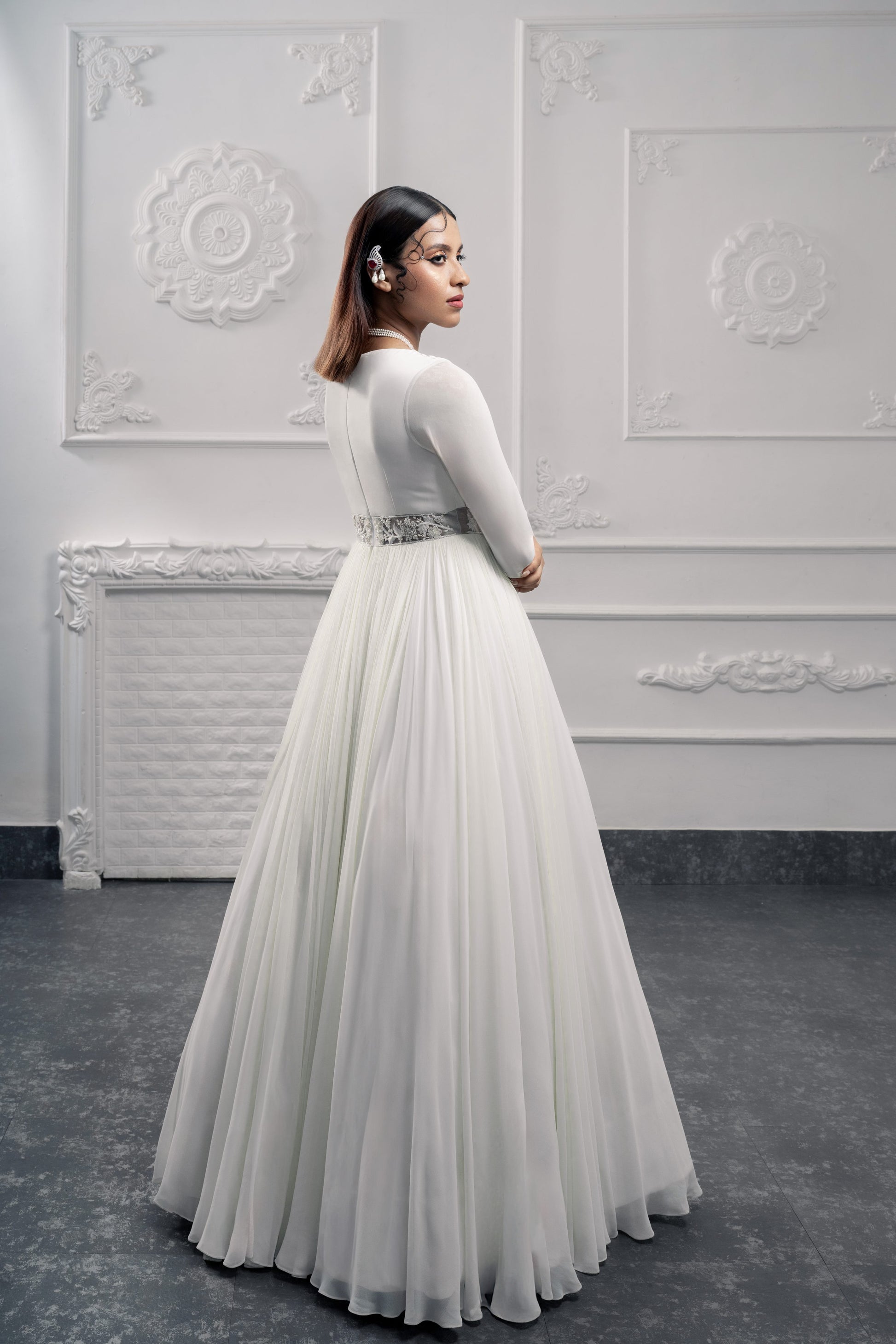 Elegant Ivory Georgette Empress Anarkali Gown Waist Embroidery