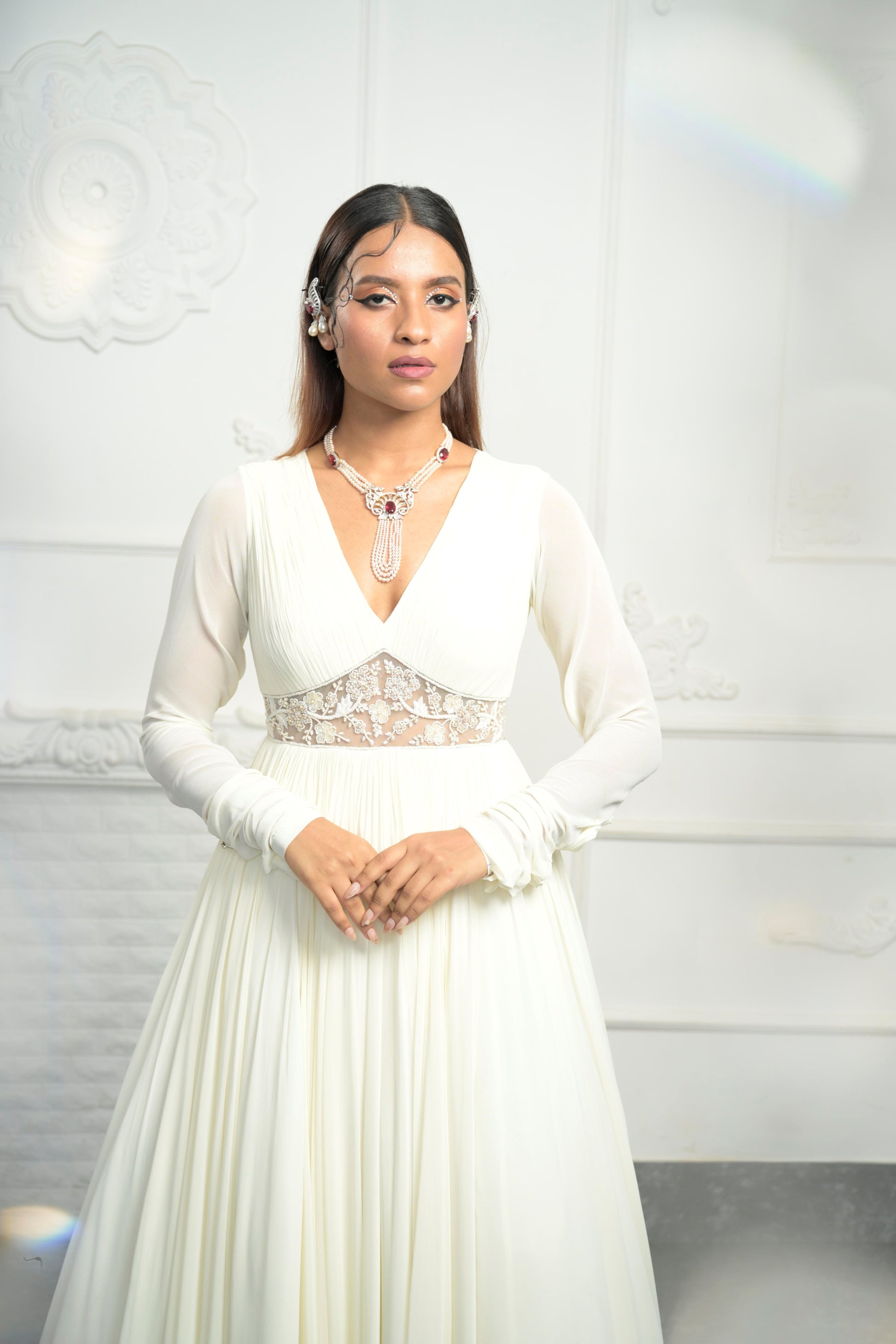 Elegant Ivory Georgette Empress Anarkali Gown Waist Embroidery