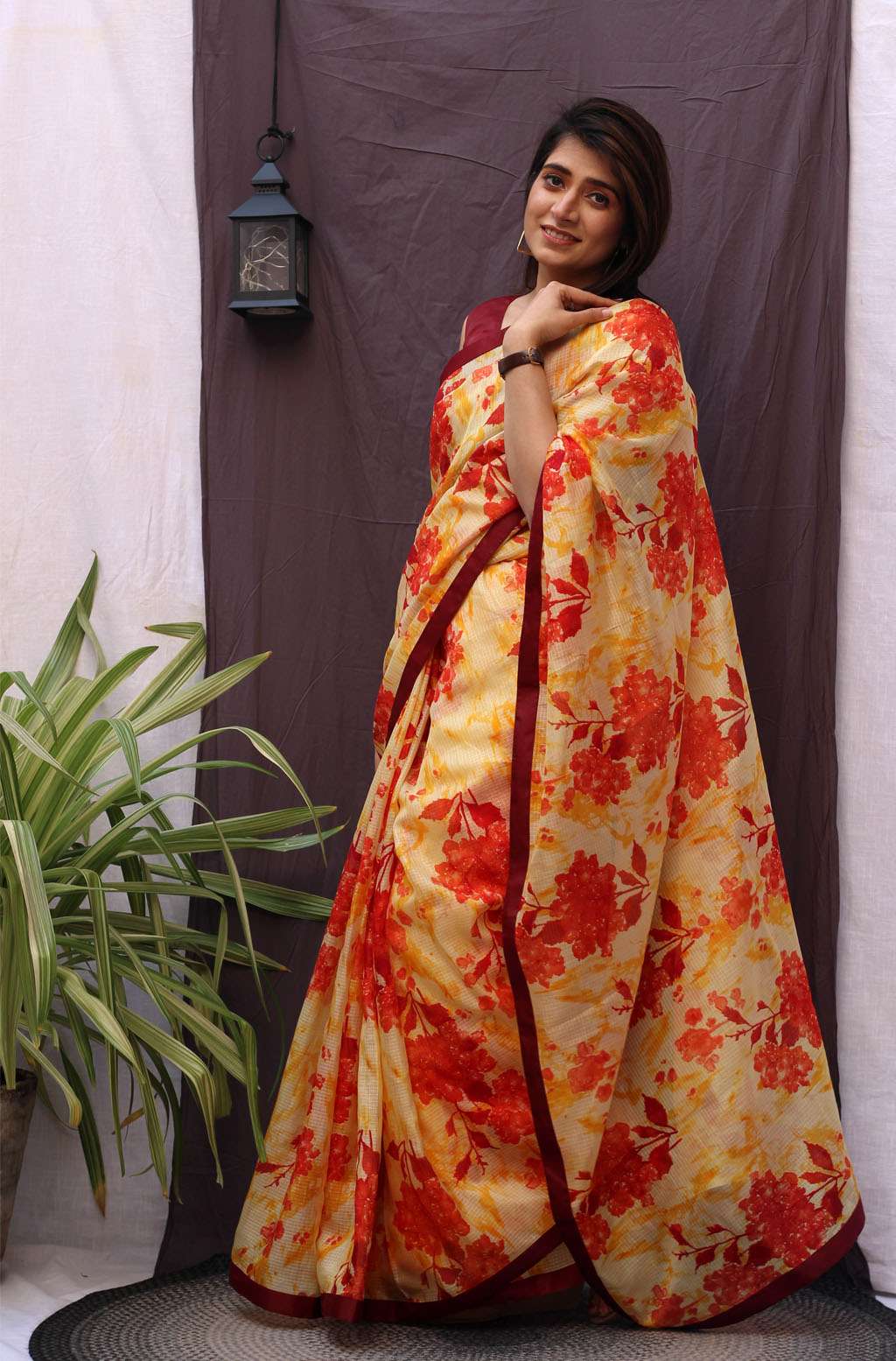 Vibrant Red Multicolor Kota Doria Floral Print Saree - Aura