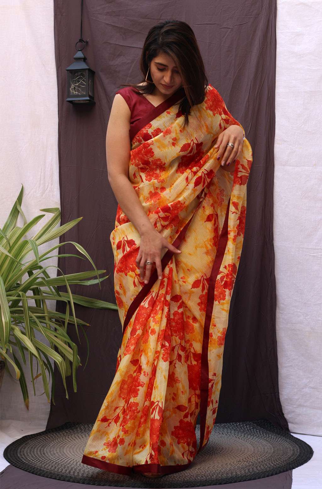 Vibrant Red Multicolor Kota Doria Floral Print Saree - Aura