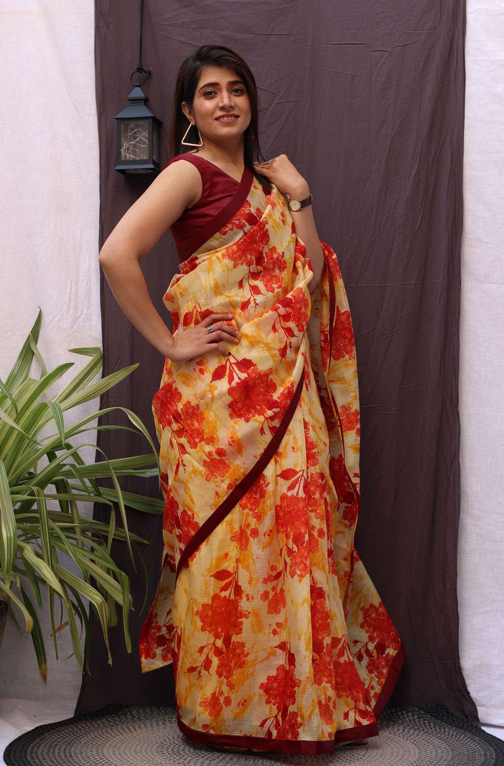 Vibrant Red Multicolor Kota Doria Floral Print Saree - Aura