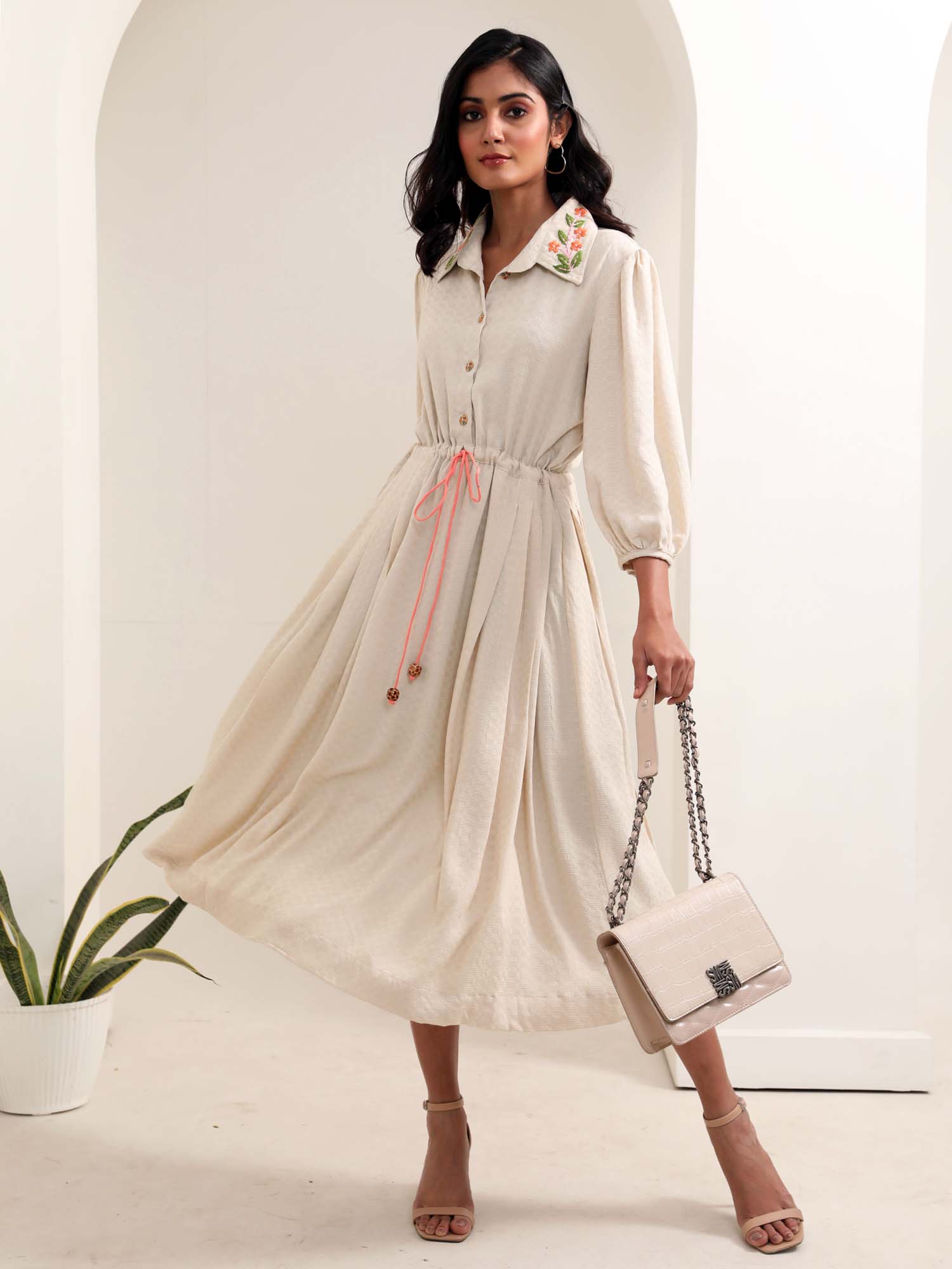 Serene Off White Rayon Floral Embroidered Shirt Dress - Buttercup
