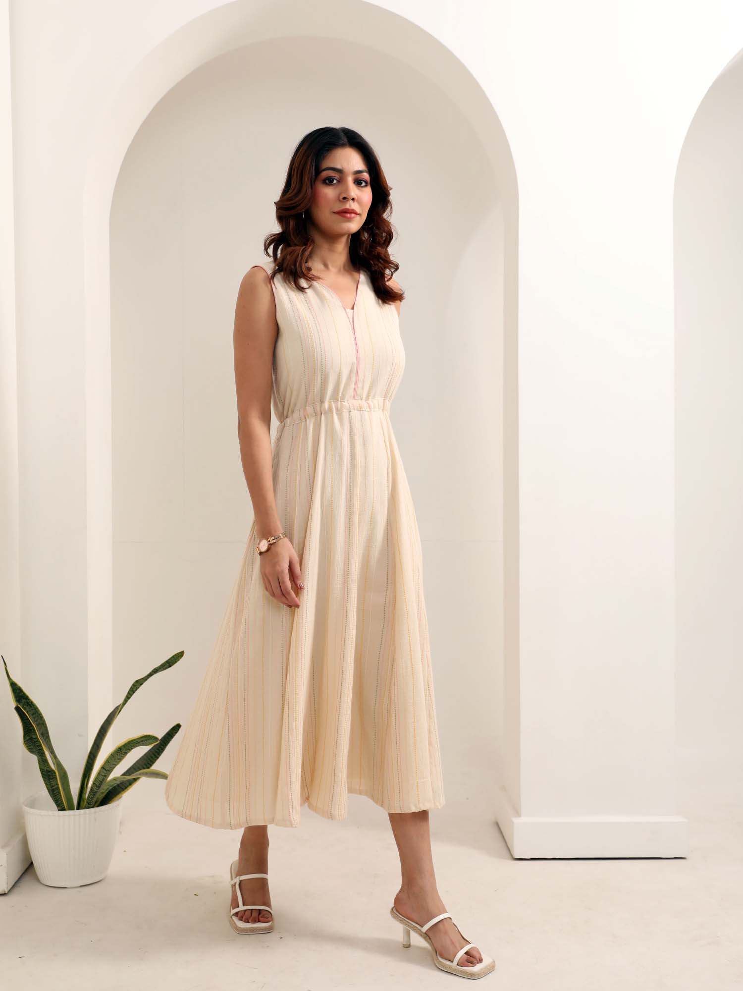Serene White Yellow Cotton Striped Fit Flare Dress Back Tie - Alice