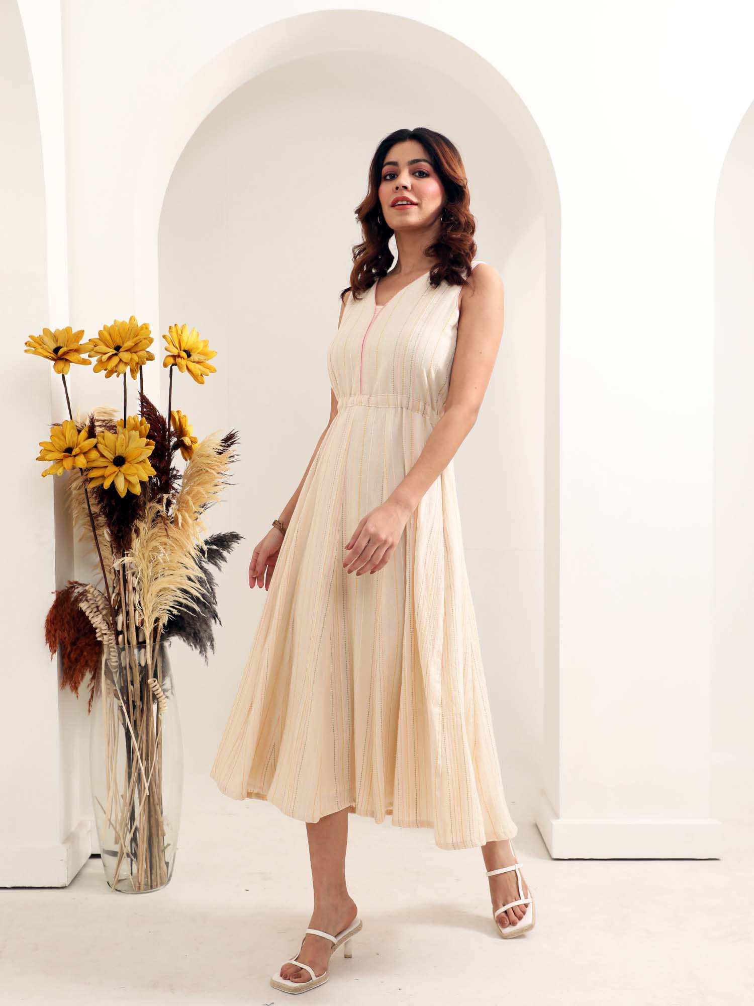 Serene White Yellow Cotton Striped Fit Flare Dress Back Tie - Alice