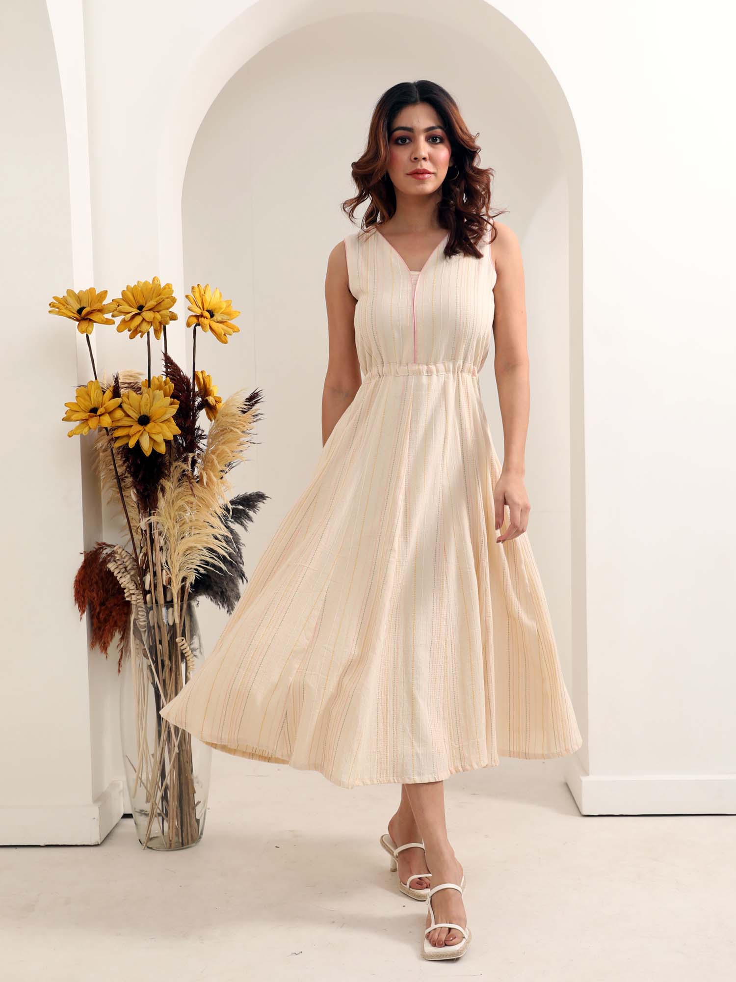 Serene White Yellow Cotton Striped Fit Flare Dress Back Tie - Alice