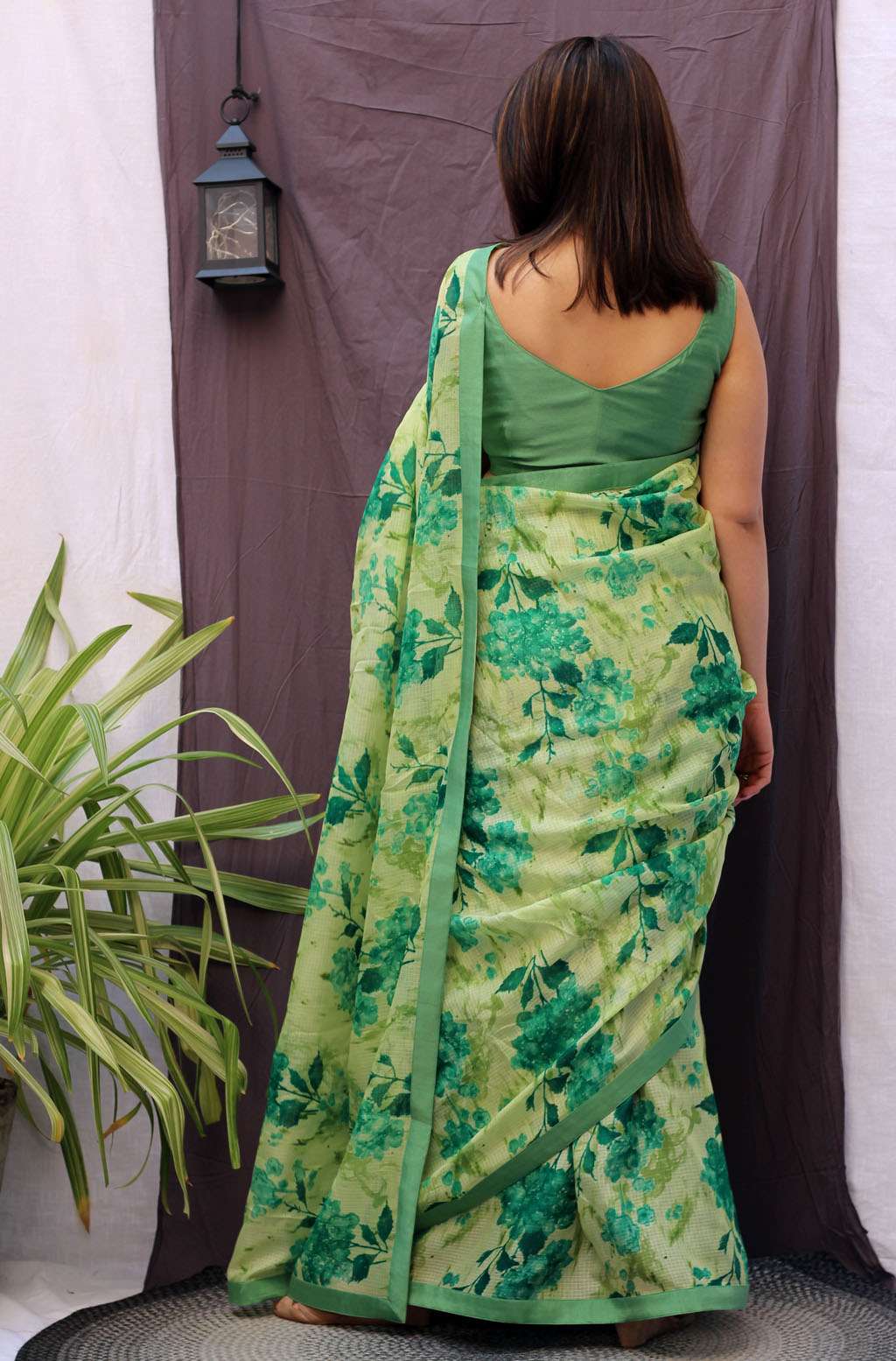 Vibrant Green Multicolor Kota Doria Floral Print Saree - Aura