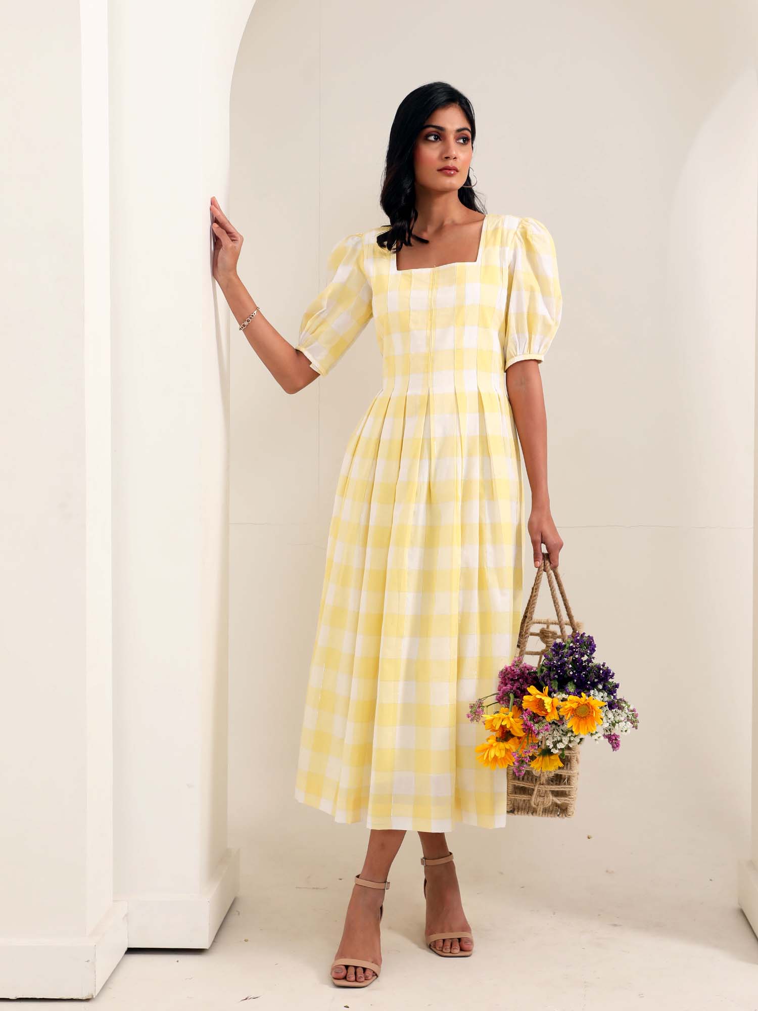 Graceful Yellow White Cotton Checks Box Pleat Dress - Bumble Bee