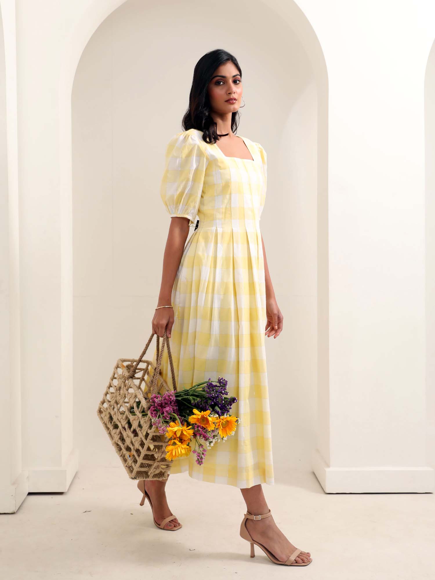 Graceful Yellow White Cotton Checks Box Pleat Dress - Bumble Bee