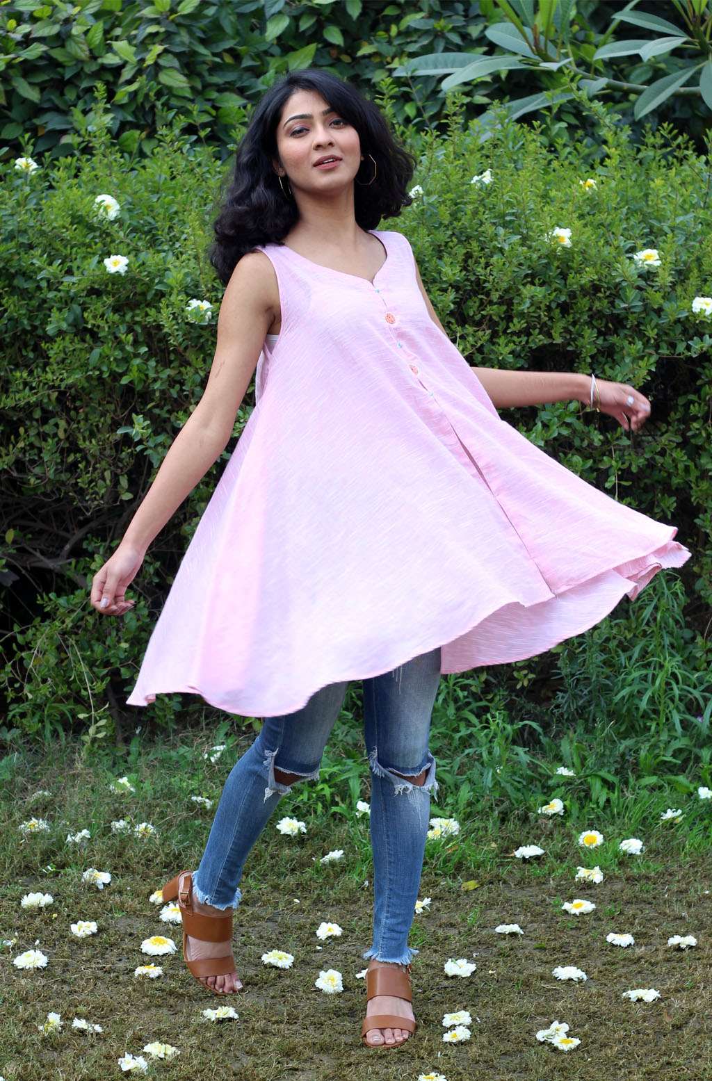 Twirl-Ready Baby Pink Handloom Cotton Umbrella Tunic - Anna Flair