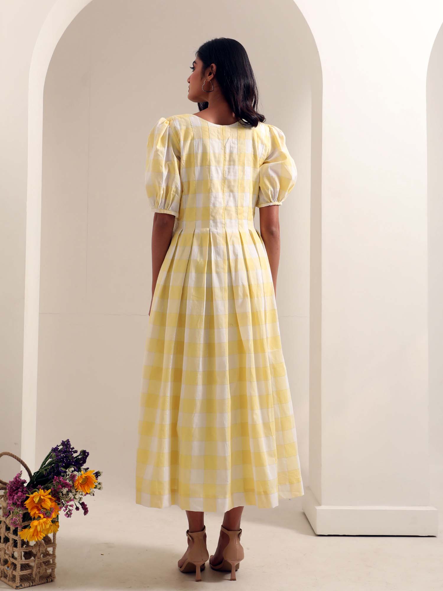 Graceful Yellow White Cotton Checks Box Pleat Dress - Bumble Bee