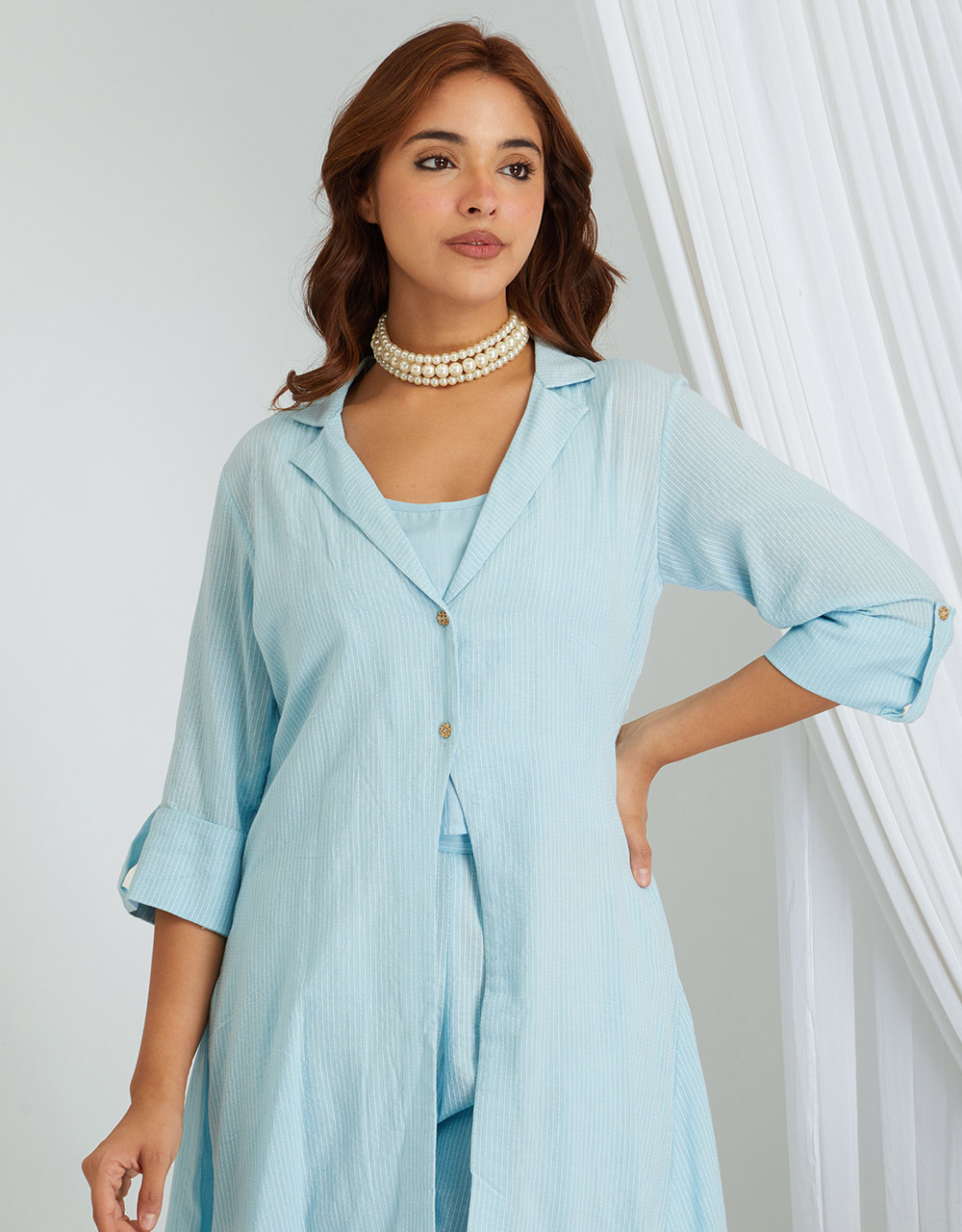 Blue Kantha Weaving Cotton Shrug Slip Pants Co-ord Set Collar
