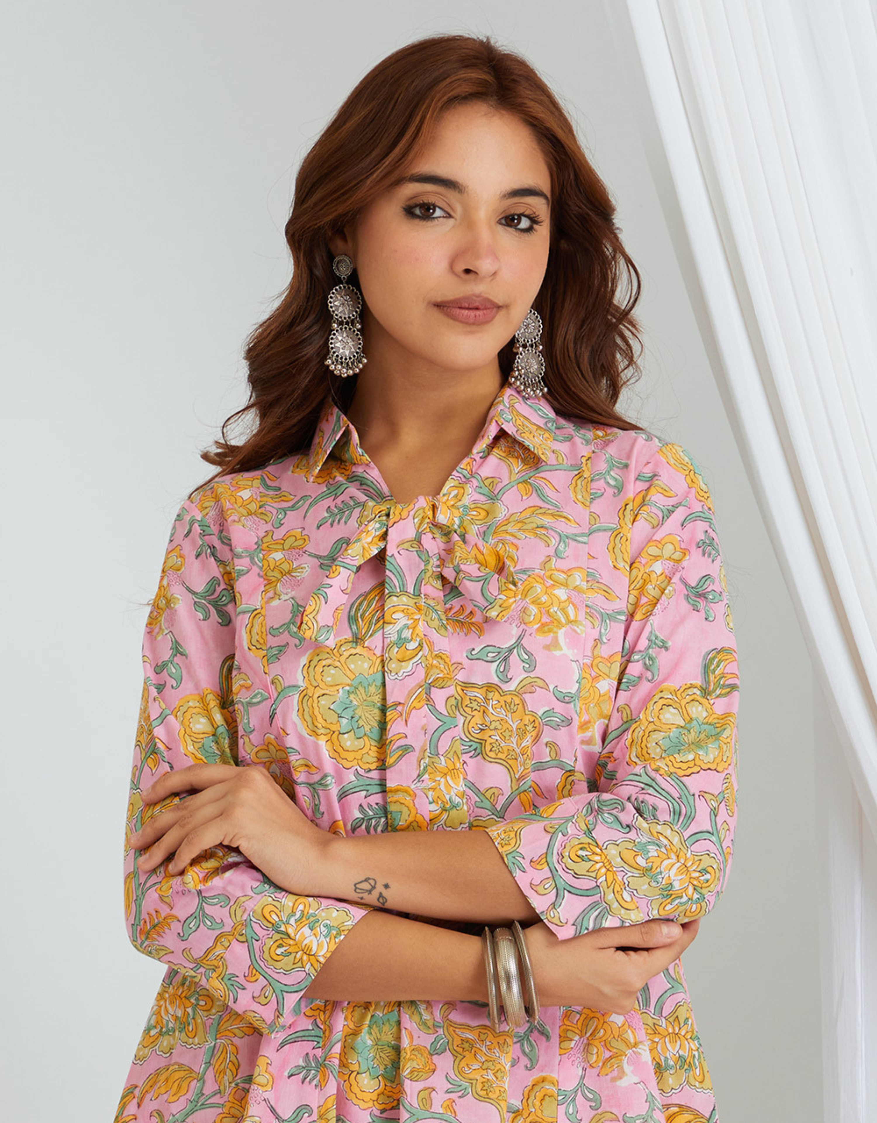 Pink Hand Block Cotton Tunic Palazzo Co-ord Set Kali Front