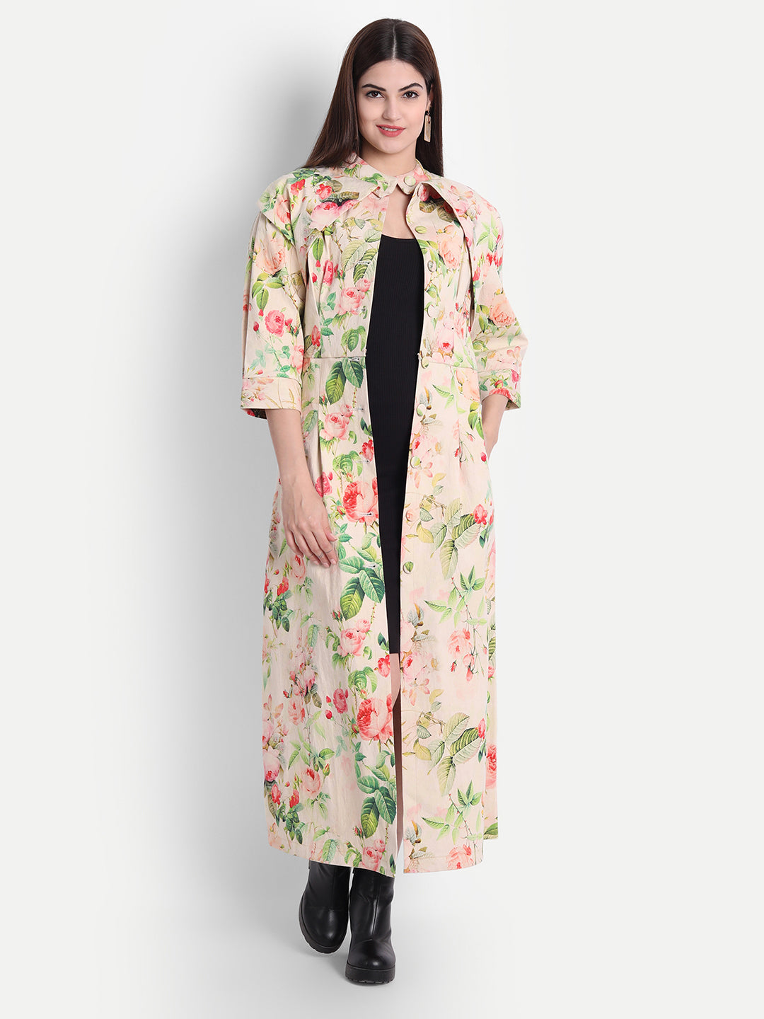 Enchanting White Twill Lycra Floral Trench Coat