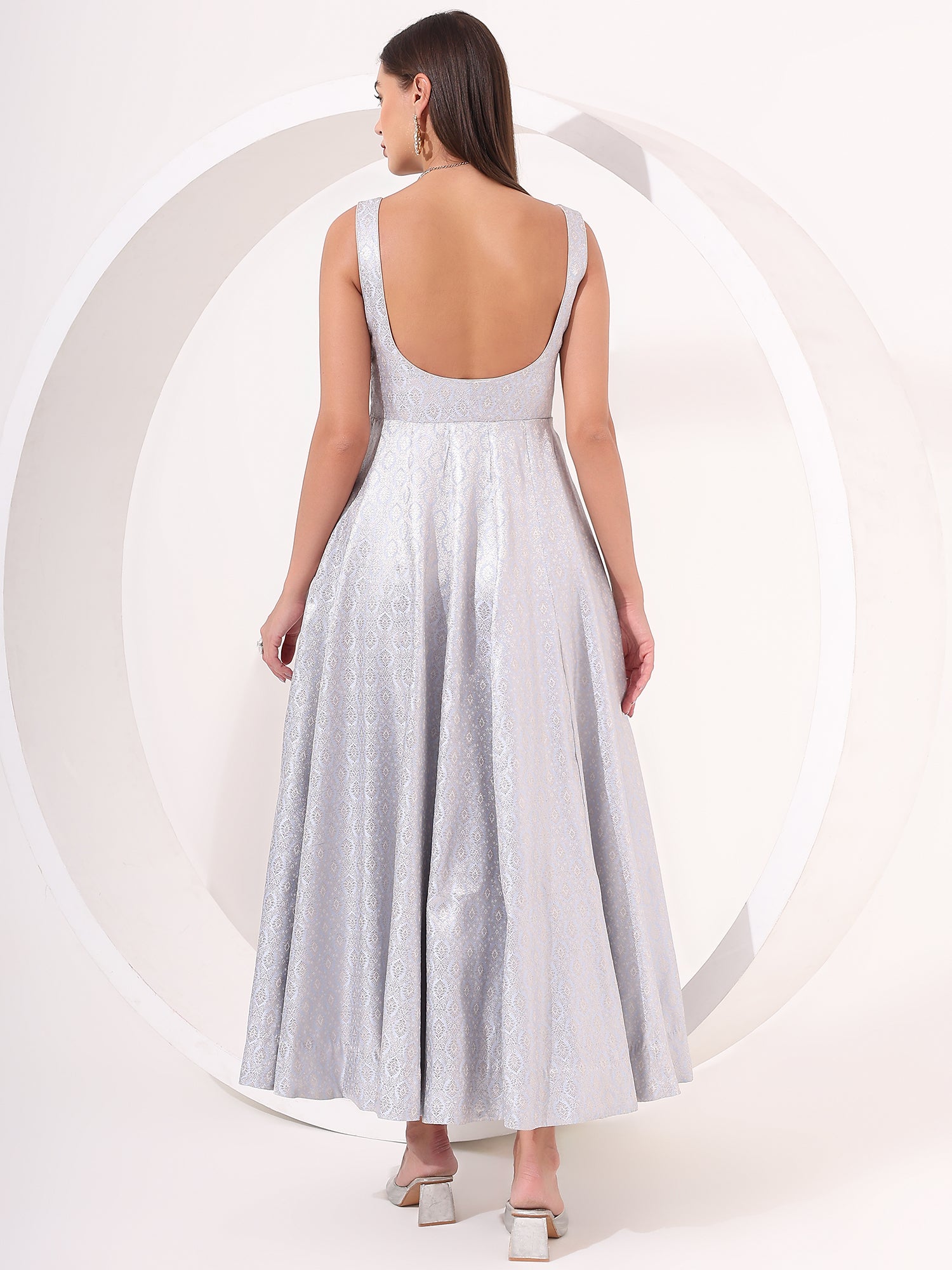 Powder Blue Silver Brocade Anarkali Gown – Wedding Wear