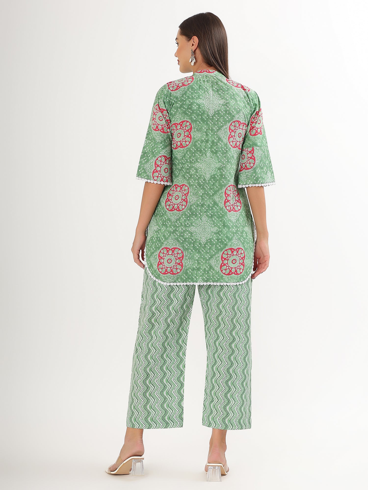 Pastel Mint Green Floral Short Kurta Pant Co-ord Set