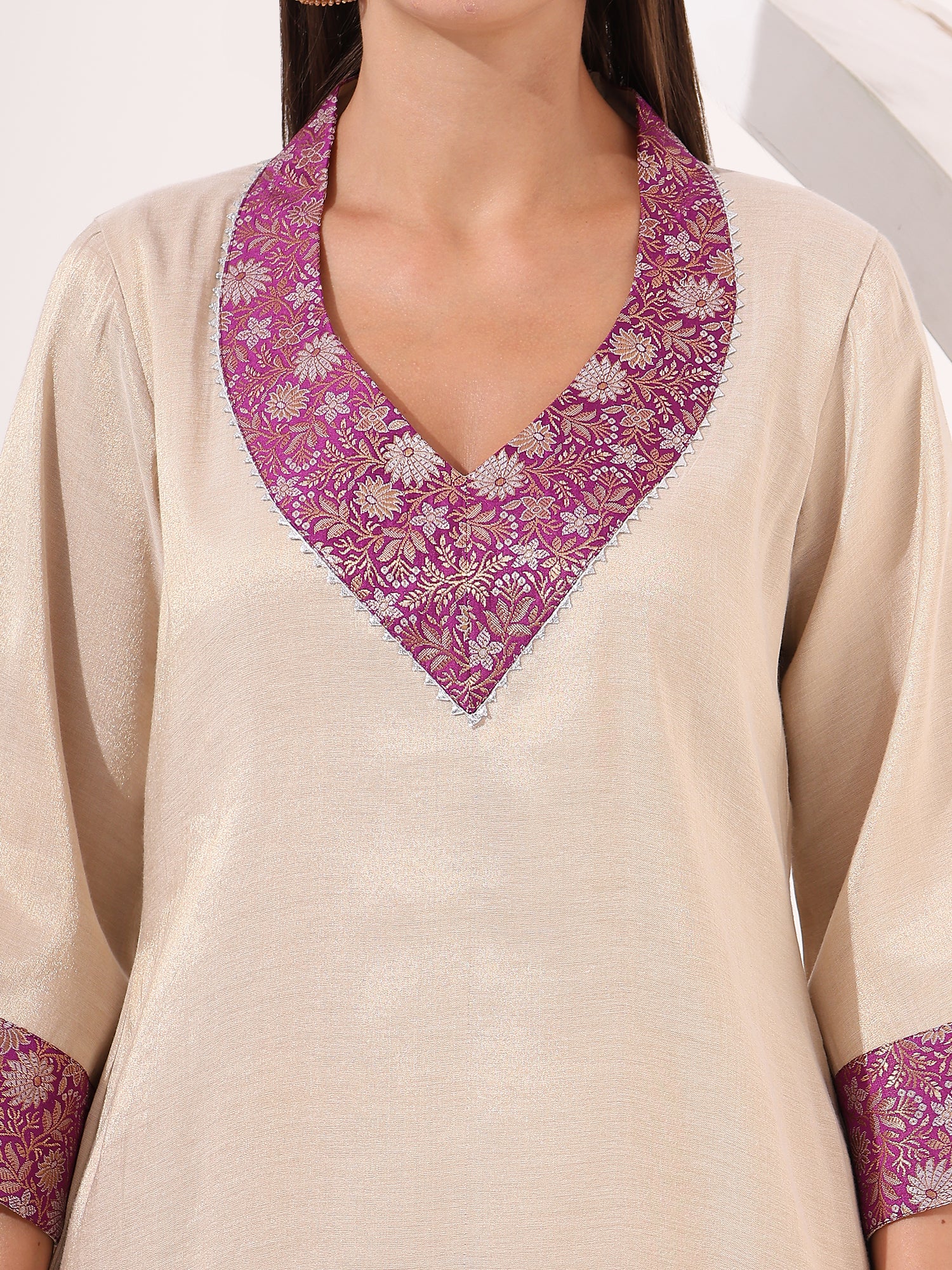 Gold Beige Tissue Kurta Set with Brocade Patch Highlight