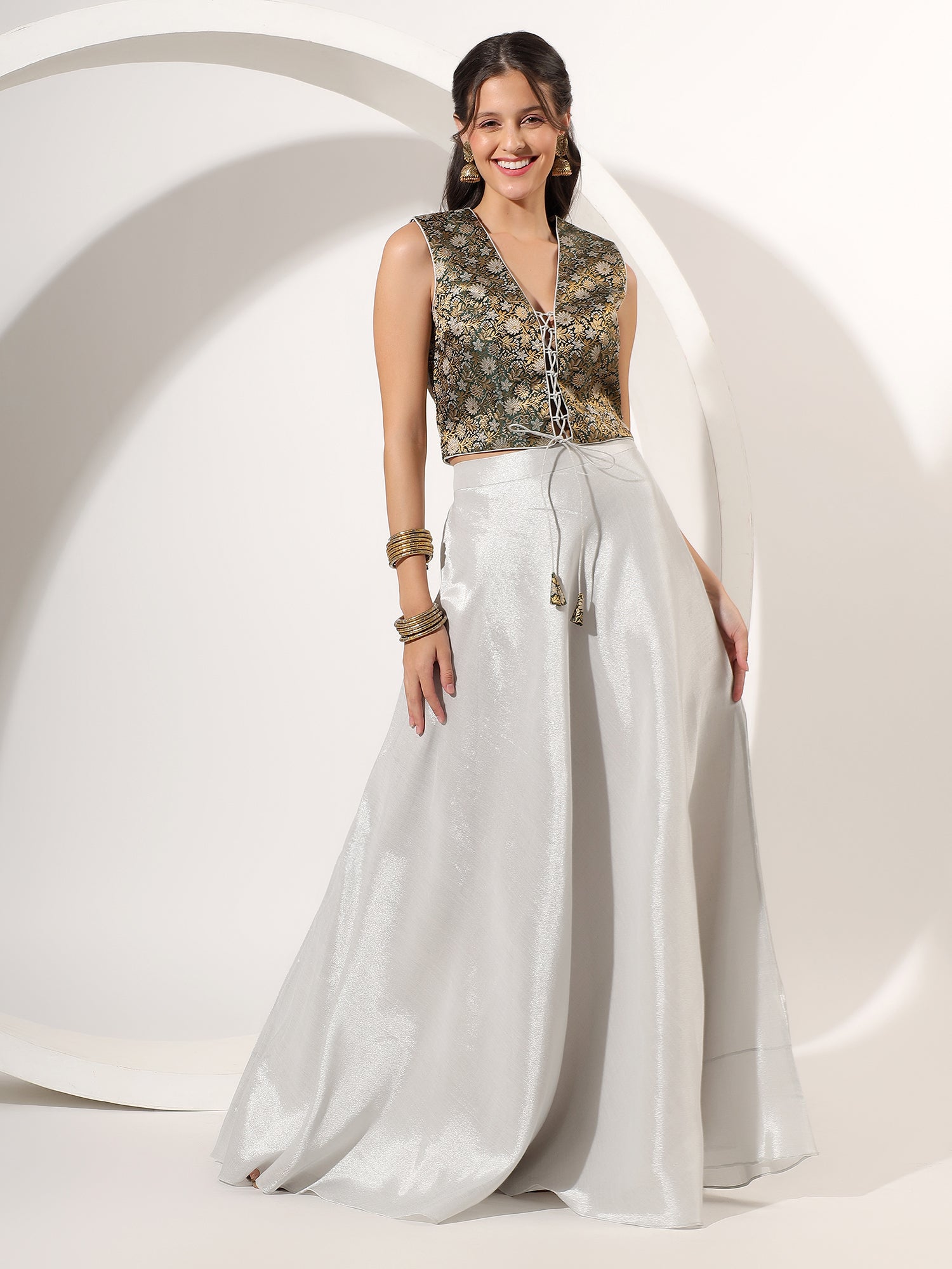 Chic Silver Tissue & Brocade Skirt with Designer Blouse Set