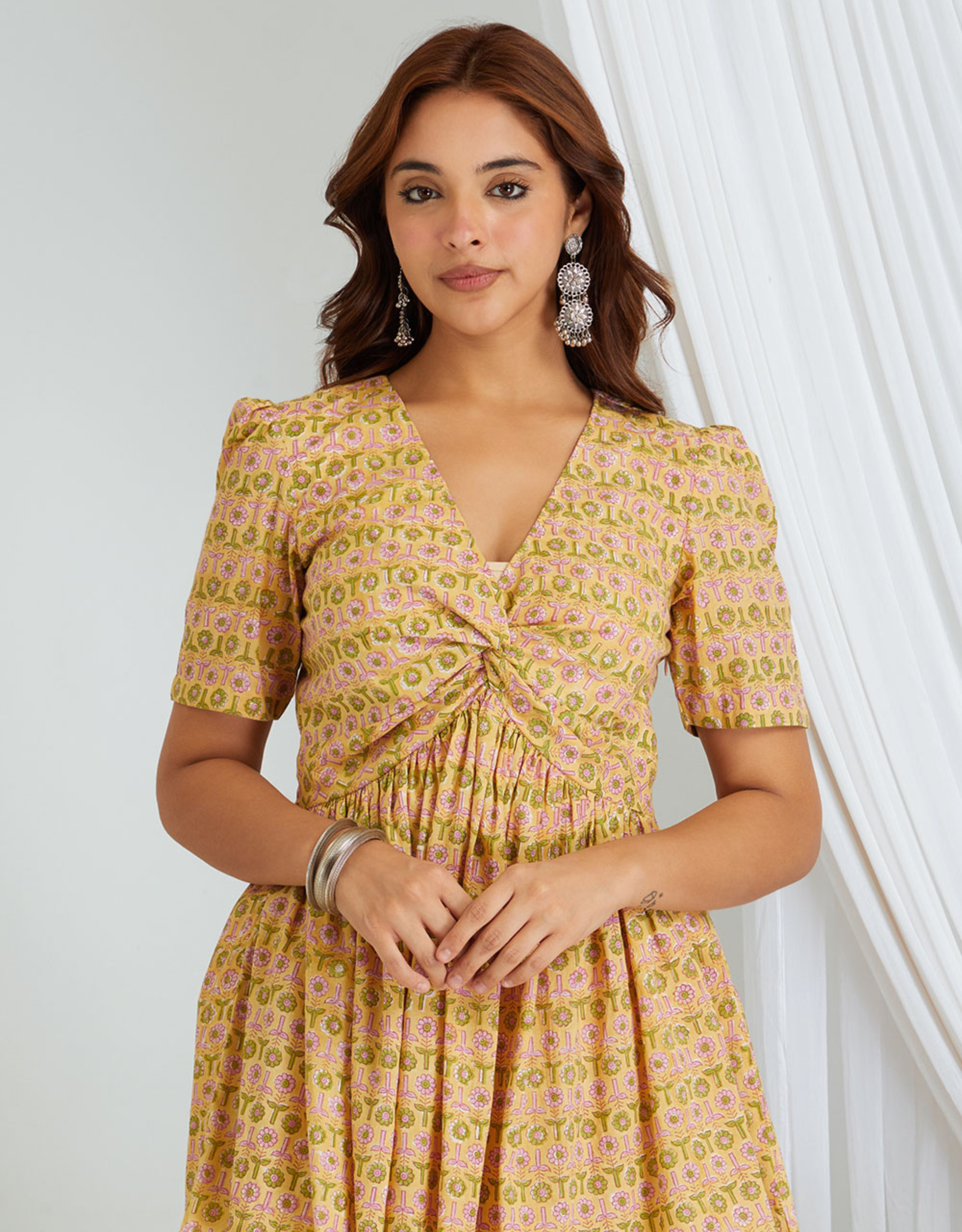 Mustard Yellow Hand Block Cotton Tunic Palazzo Co-ord Set Crushed Roll
