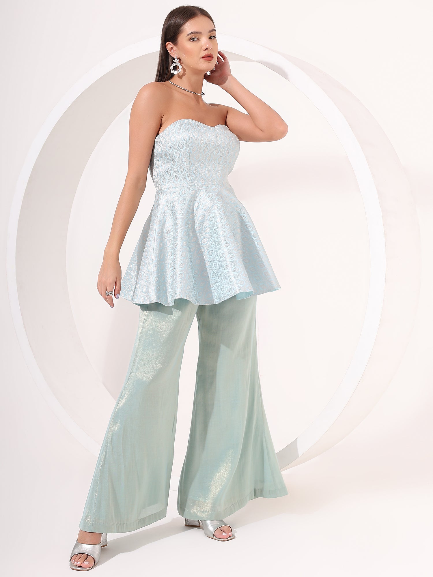 Chic Ice Blue Brocade Peplum Top with Gold Tissue Palazzo