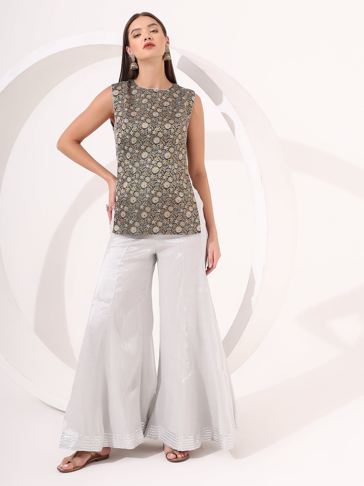 Elegant Silver Tissue & Brocade Sharara Set with Gota Work