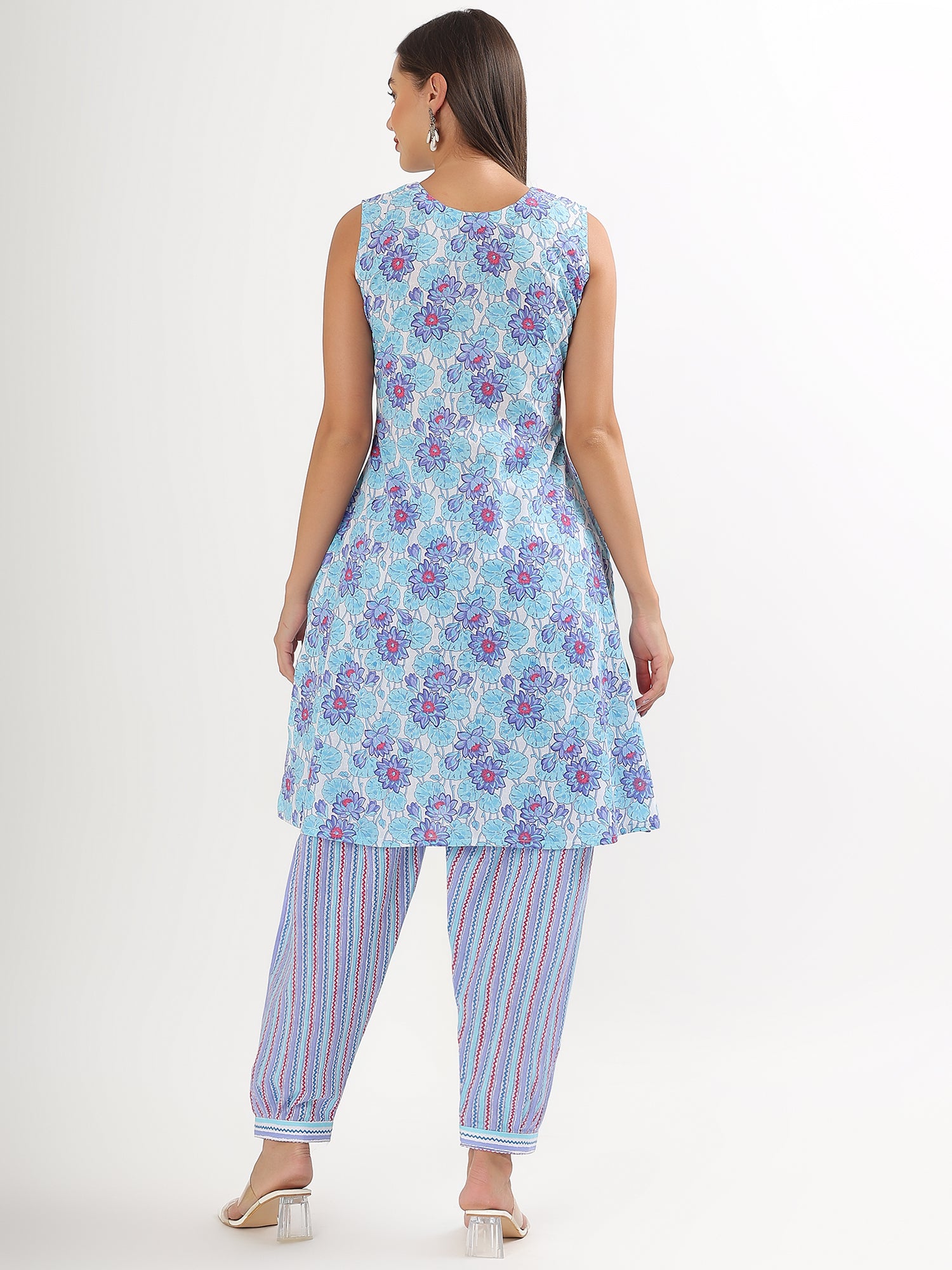 Blue Floral Sleeveless Cotton Kurta Salwar Set
