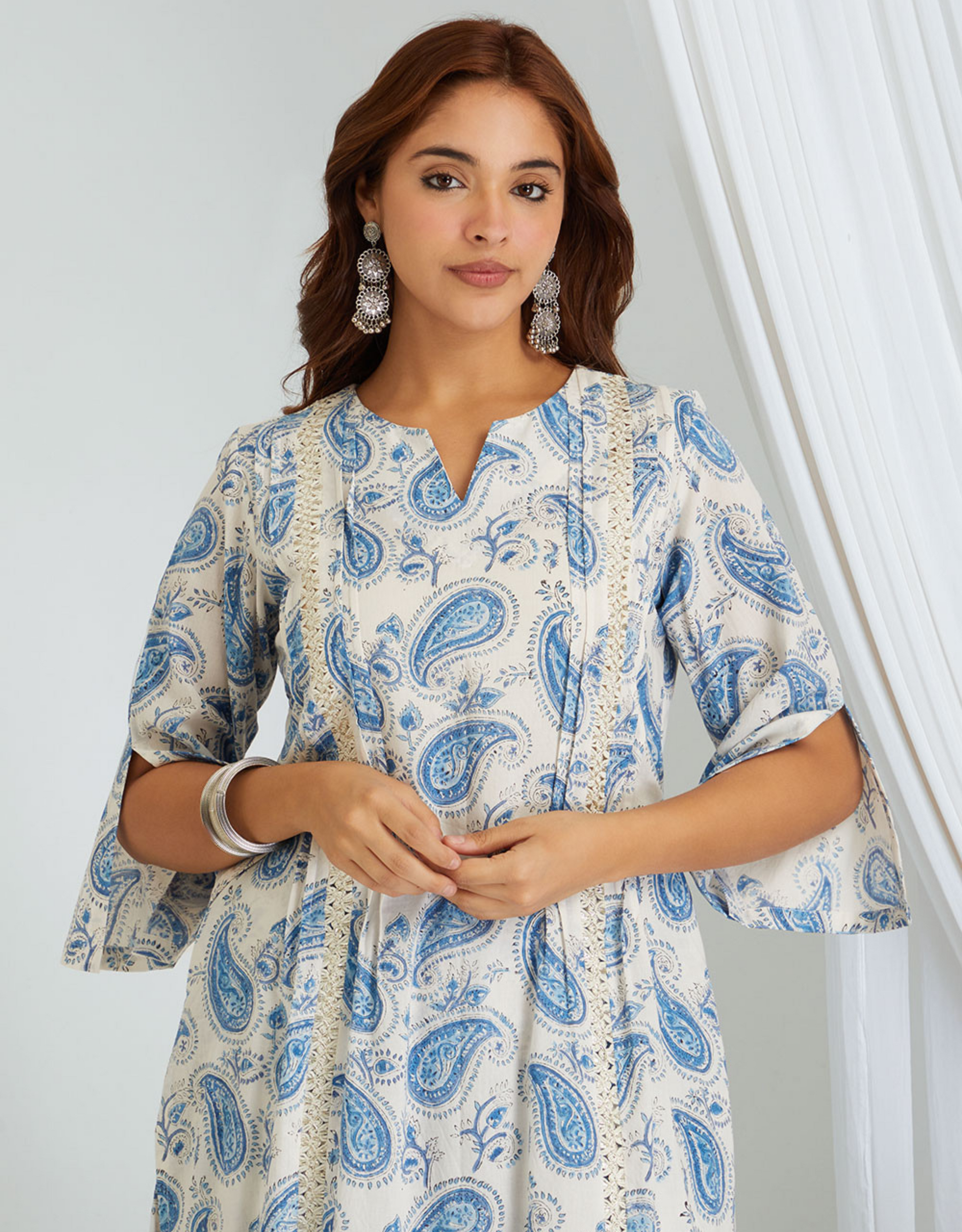 White Blue Hand Block Cotton Kurta Palazzo Co-ord Set Lace Tucks