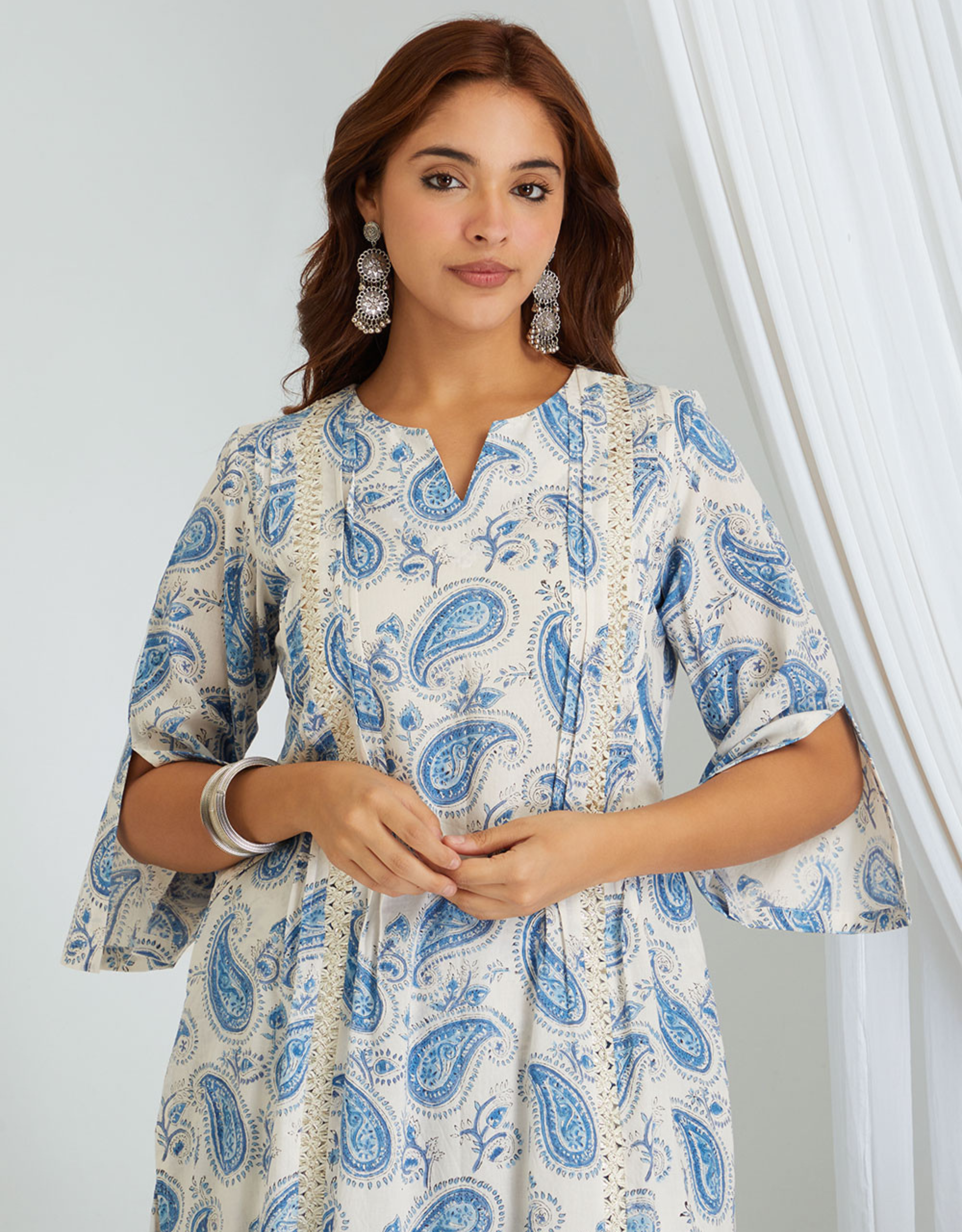 White Blue Hand Block Cotton Kurta Palazzo Co-ord Set Lace Tucks