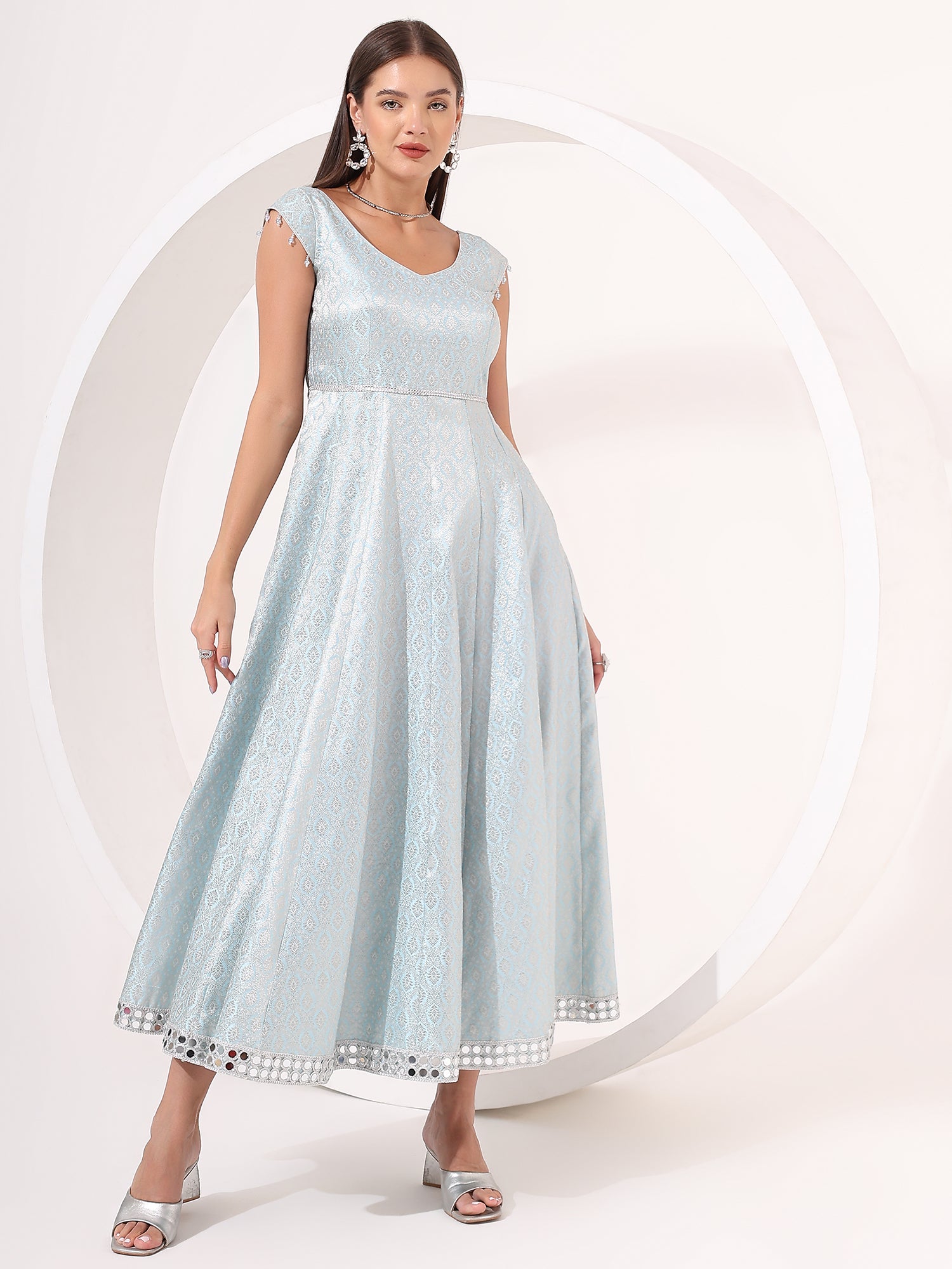 Ice Blue Cotton Anarkali Gown with Mirror Work – Partywear
