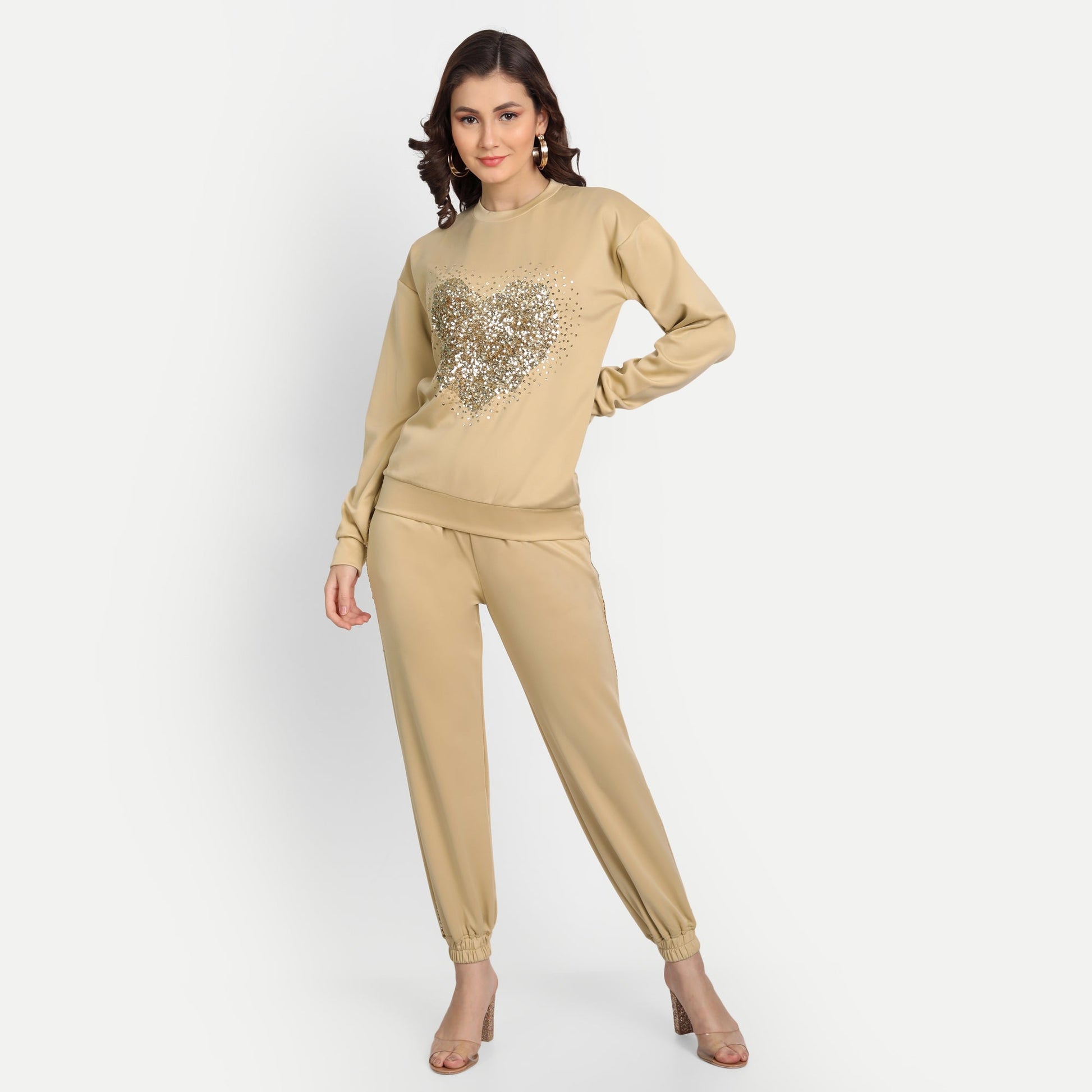 Warm Beige Fleece Golden Heart Loungewear Coord Set