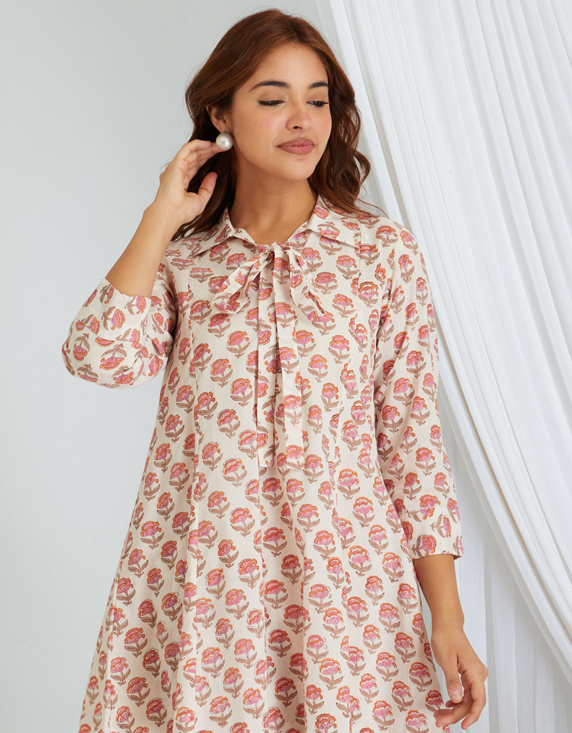 Pink Block Printed Cotton Tunic Palazzo Co-ord Set Kali Front