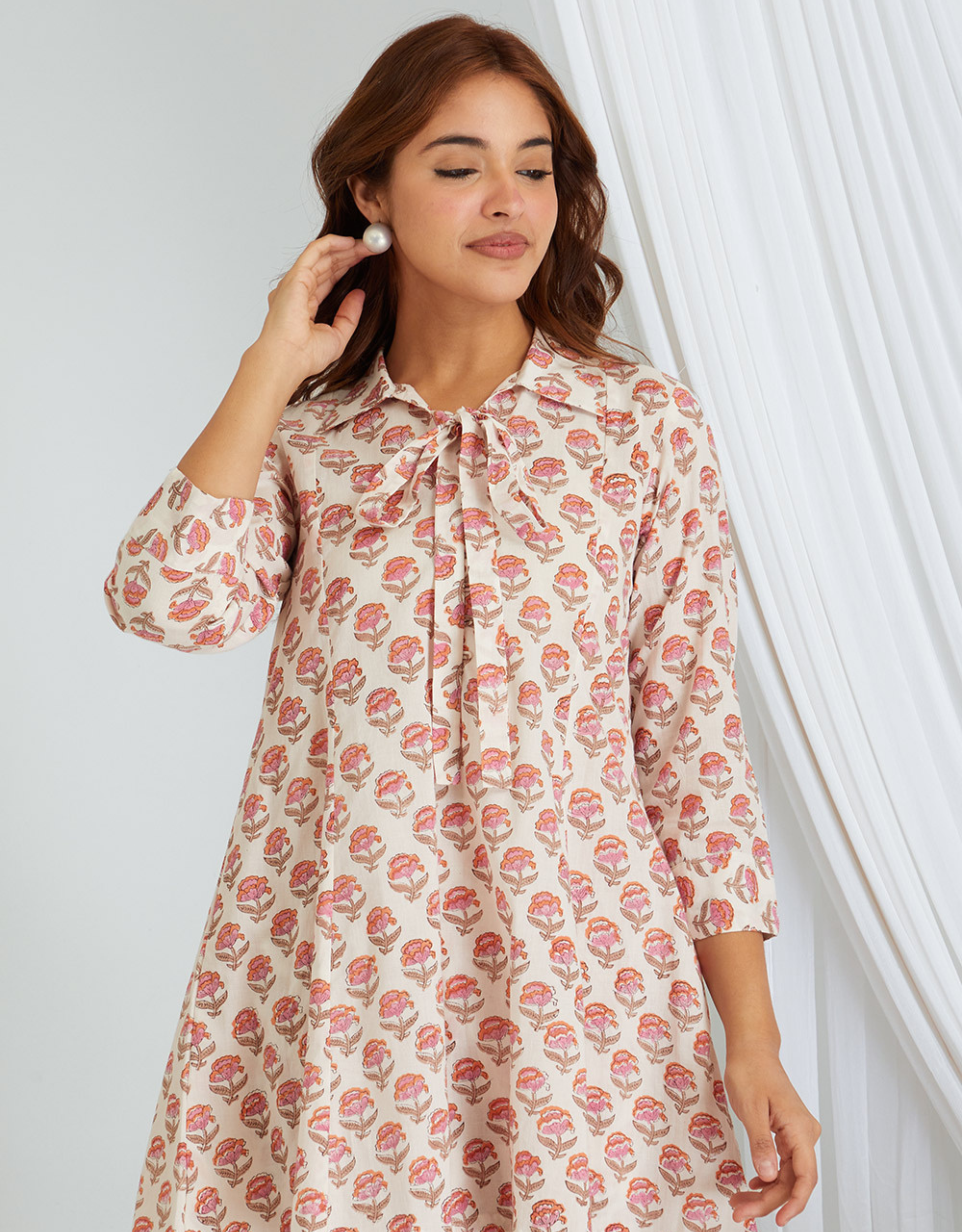 Pink Block Printed Cotton Tunic Palazzo Co-ord Set Kali Front