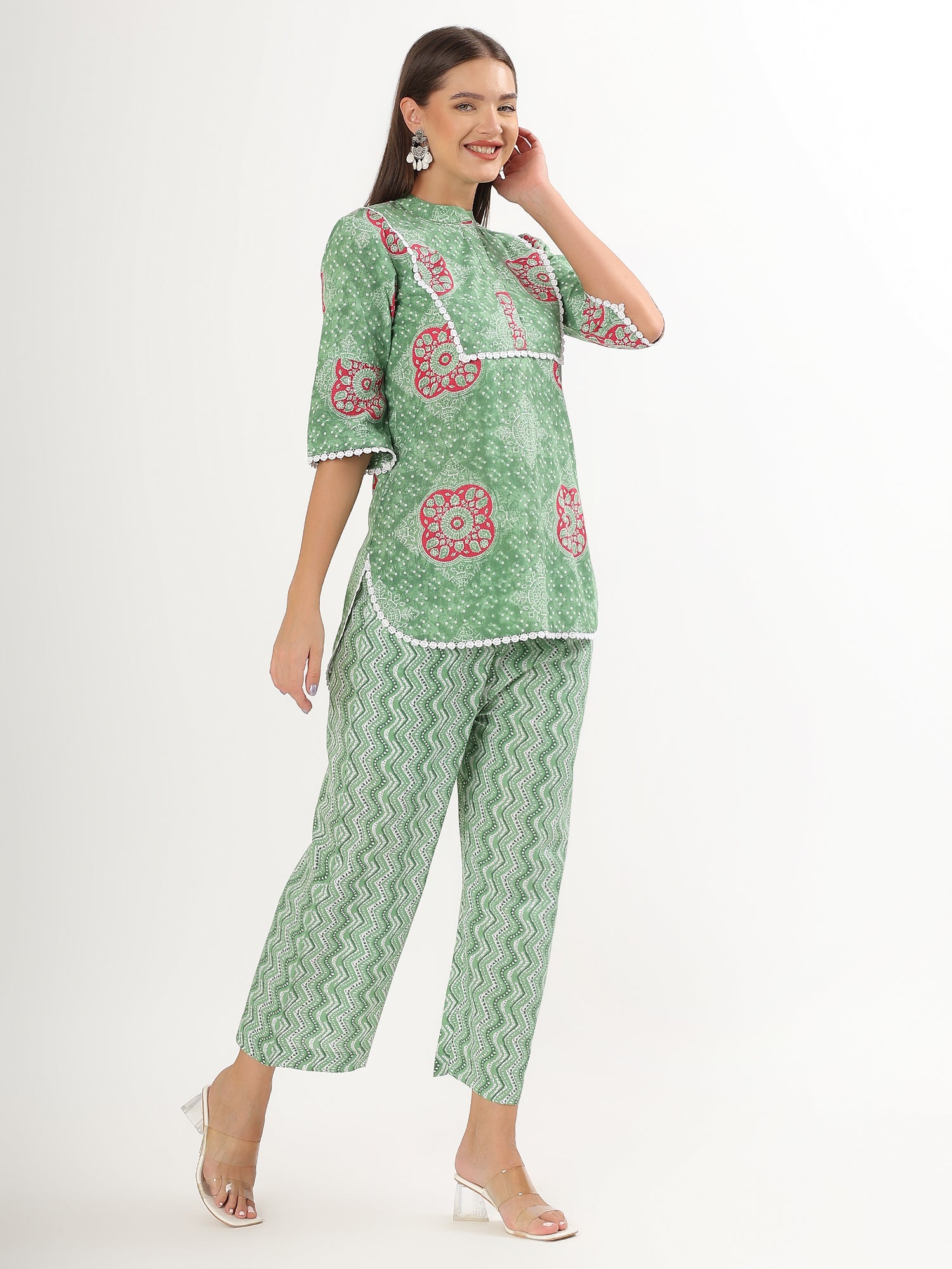 Pastel Mint Green Floral Short Kurta Pant Co-ord Set