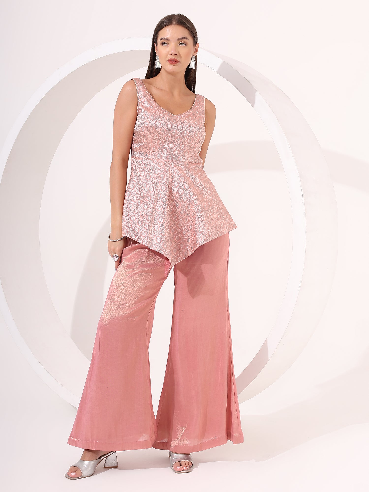 Gold Brocade Asymmetrical Peplum Top with Tissue Palazzo Set