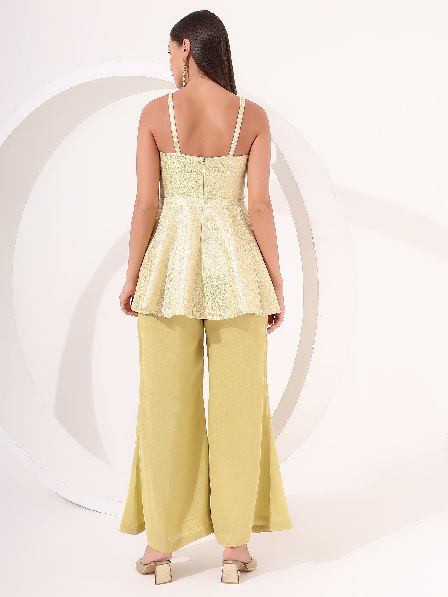 Vibrant Lemon Yellow Brocade Peplum Top with Gold Tissue Palazzo