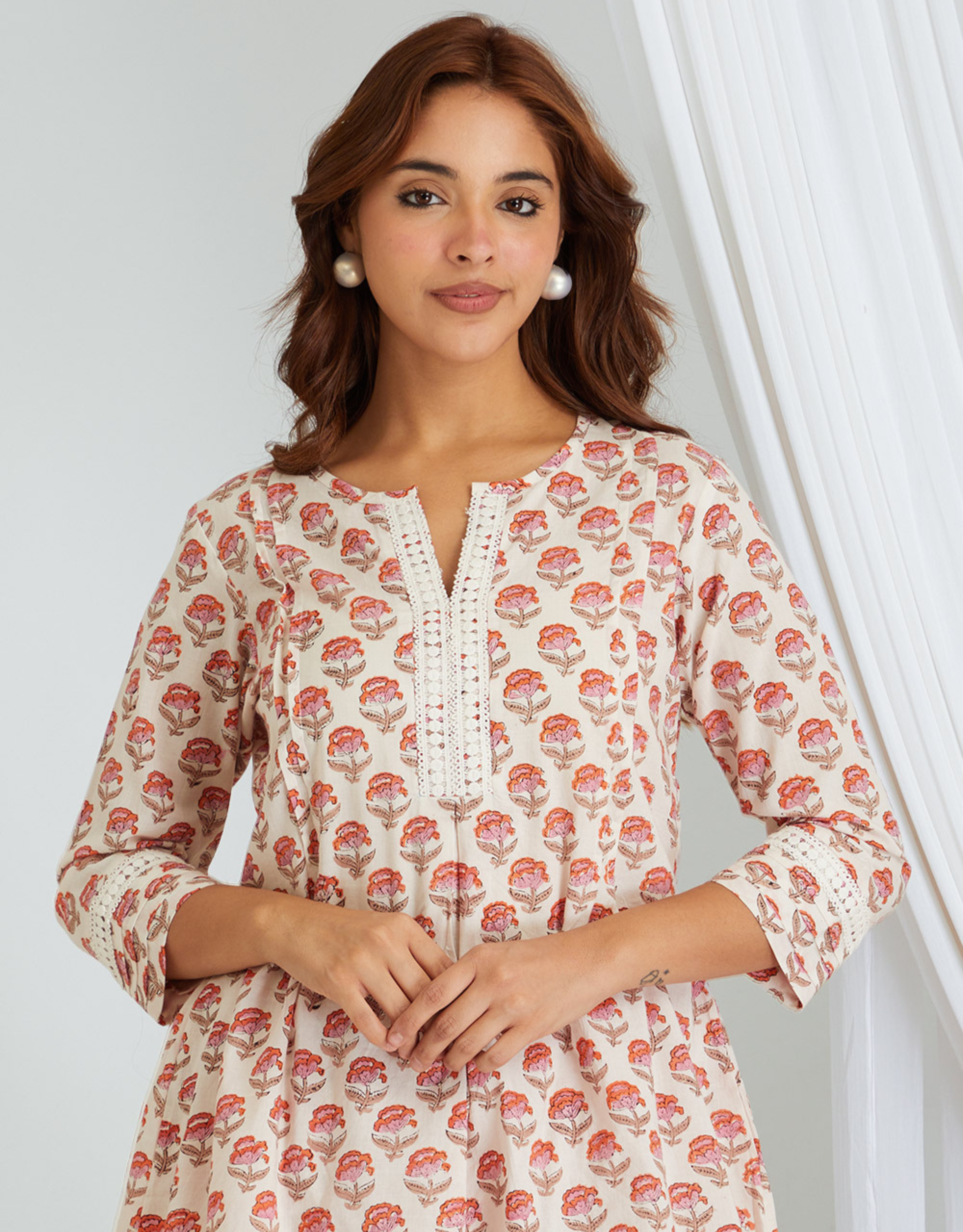 White Pink Hand Block Cotton Tunic Pants Co-ord Set Lace Detail